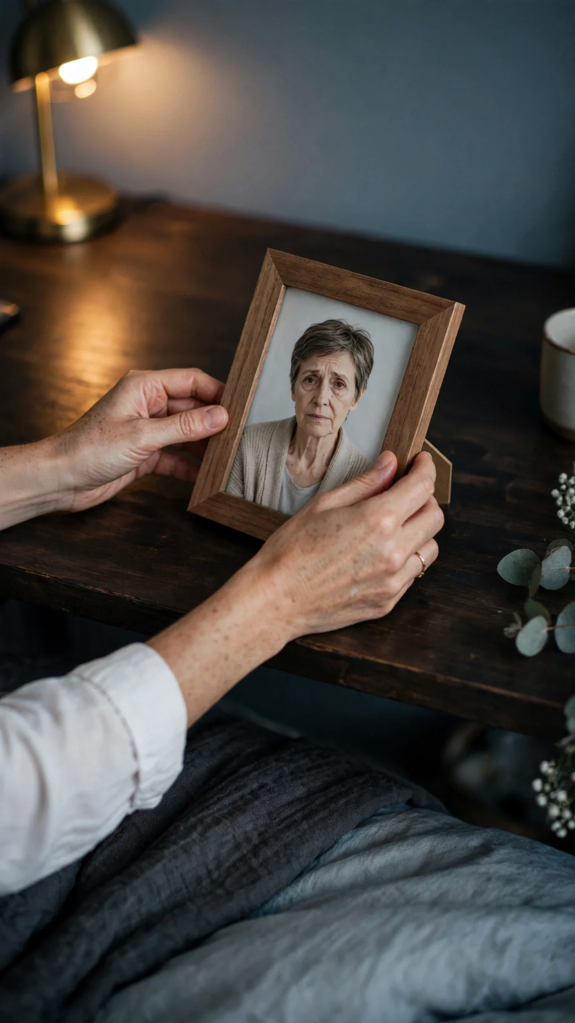 Thea sets a small framed photograph on the desk and turns it crooked.