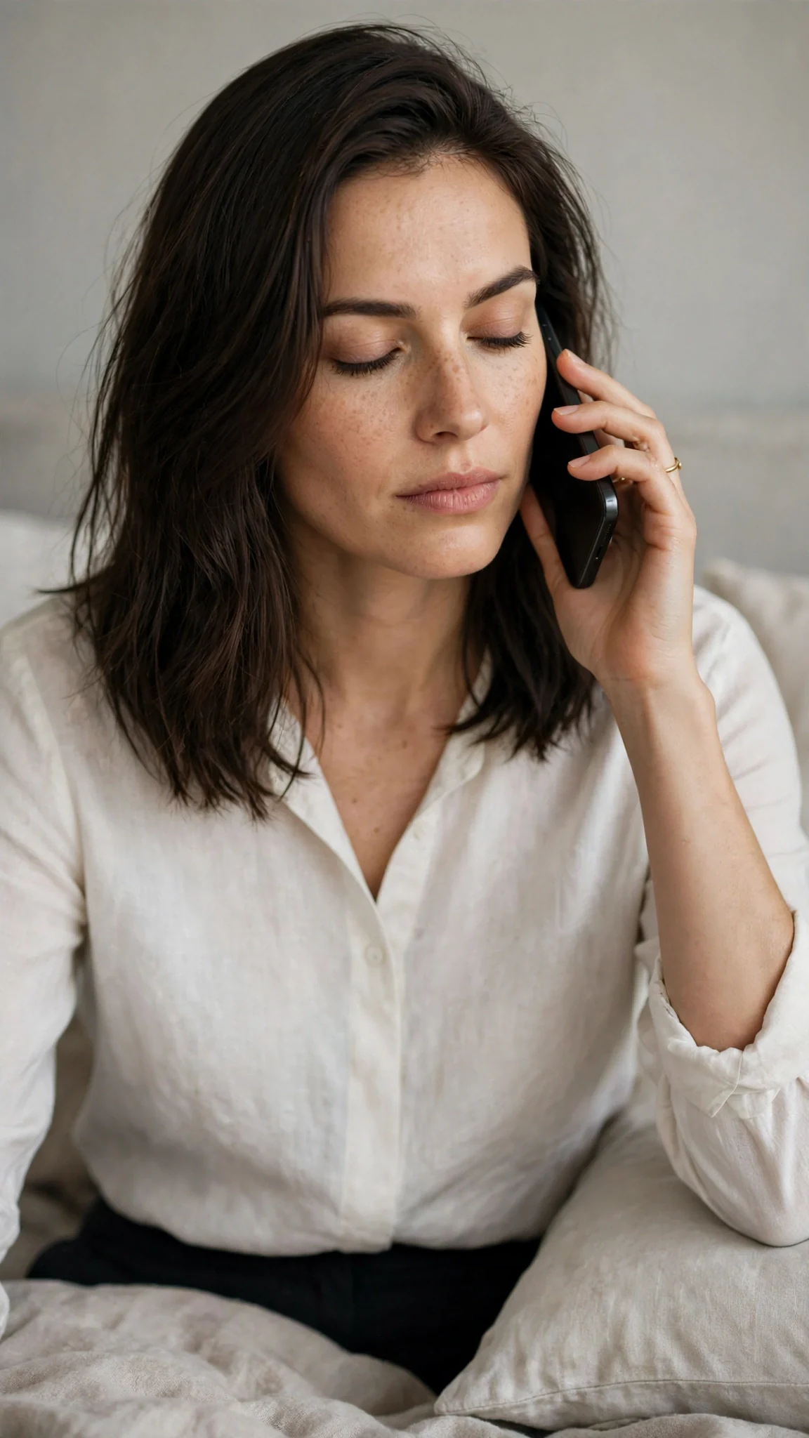 Thea with her eyes closed on the phone, the lie coming out smooth.