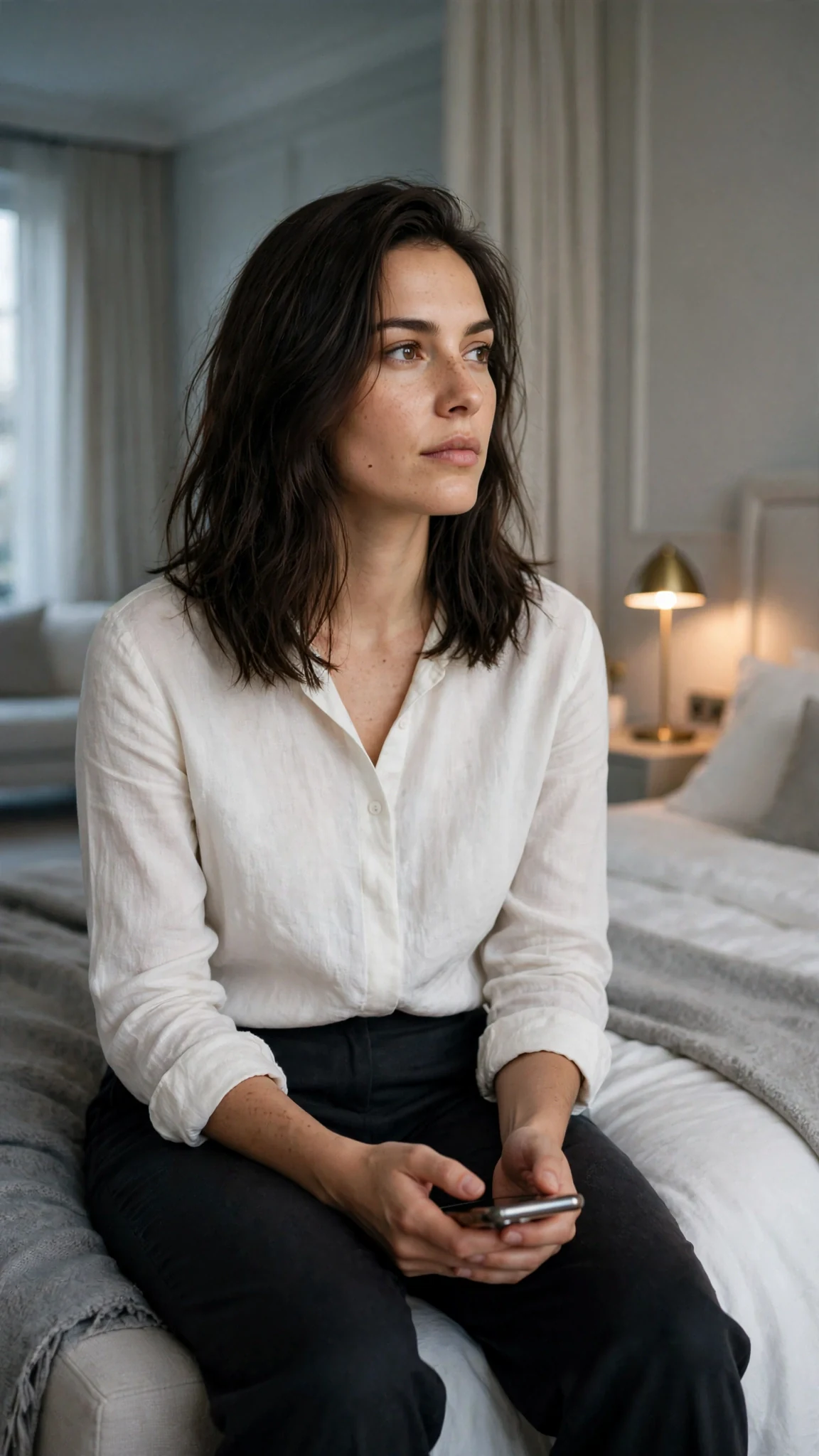 Thea sits with the phone in her lap after the call, alone in the bedroom.