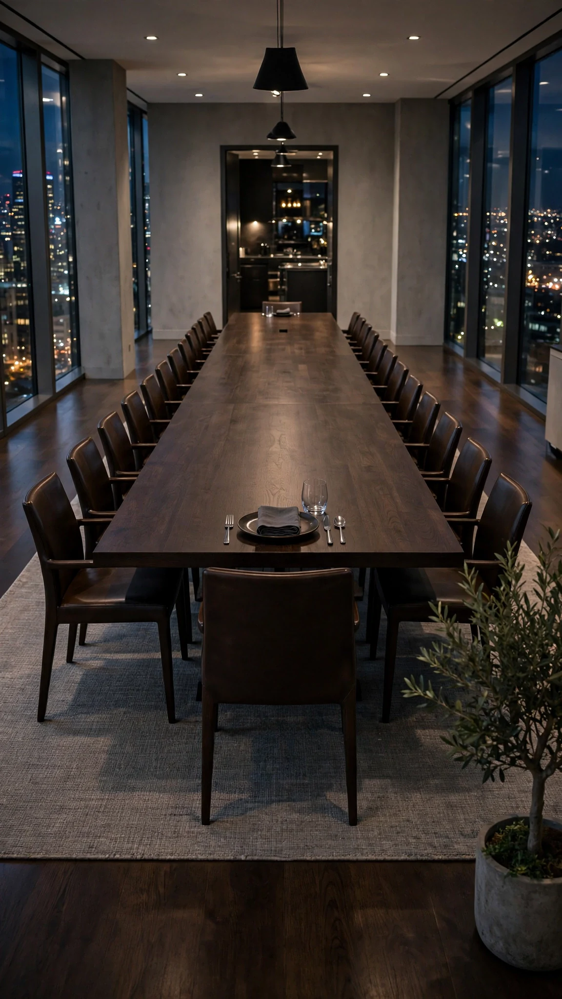 A long dining table with one place setting at the end nearest the kitchen door.
