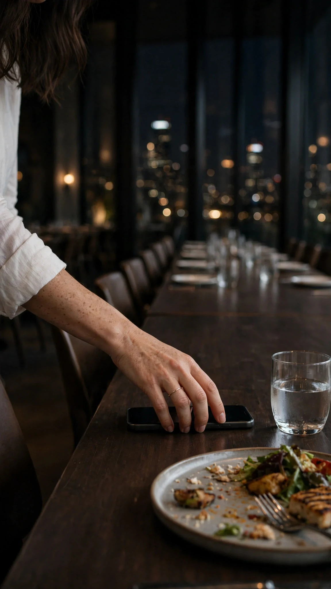Thea's phone lies face down beside her plate at the empty table.