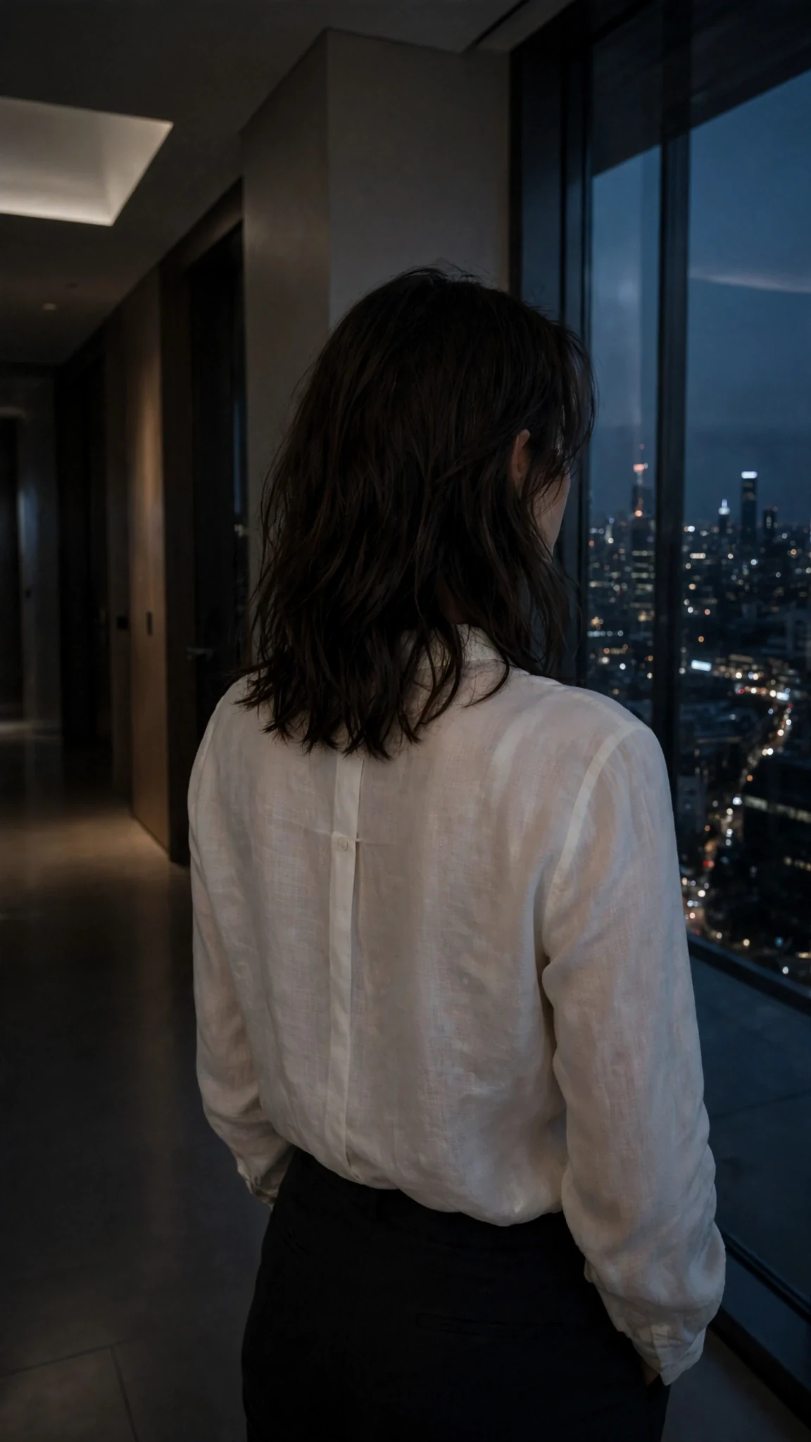 Thea stands at the dark window after dinner as the hall lights dim on their own.