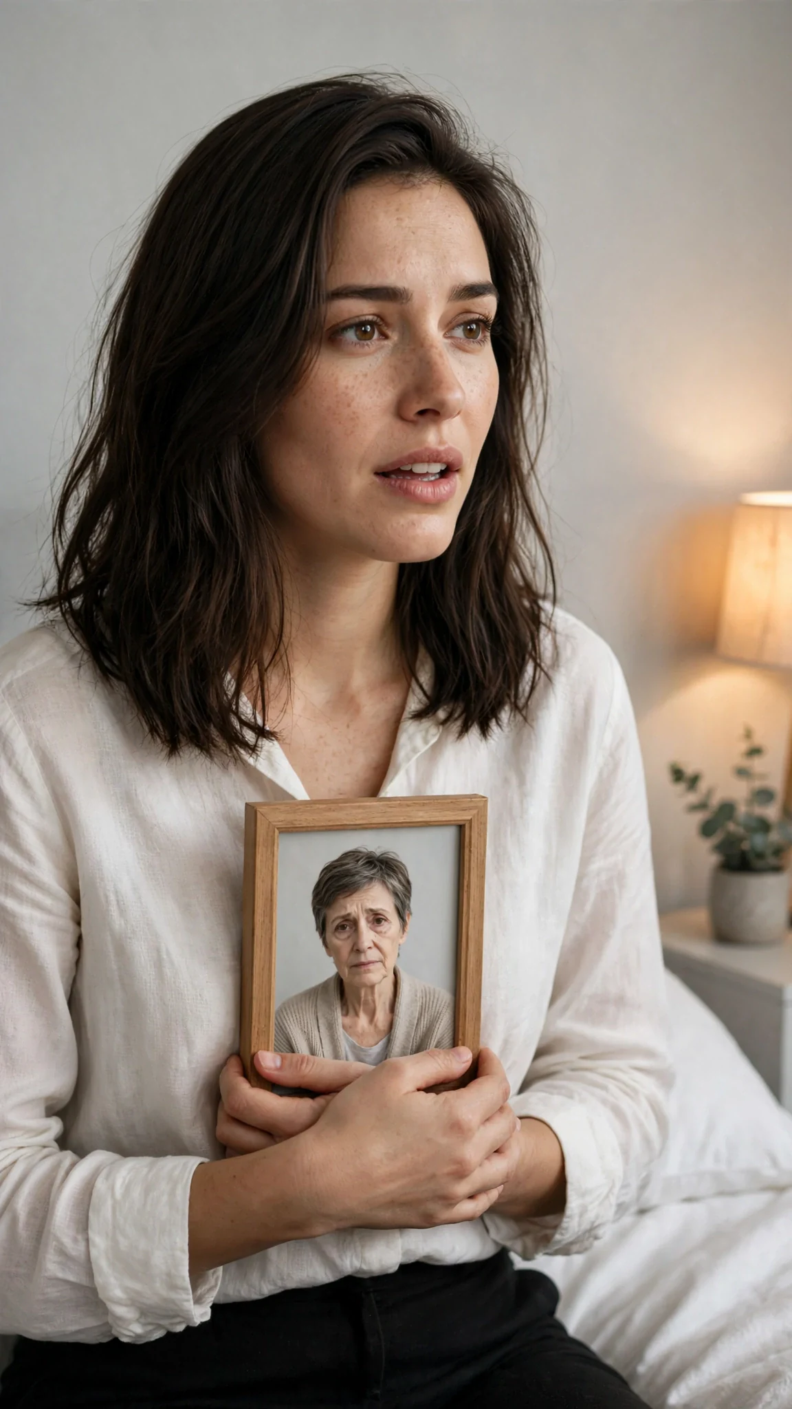 Thea holds her mother's photograph and says her own name to the empty room.