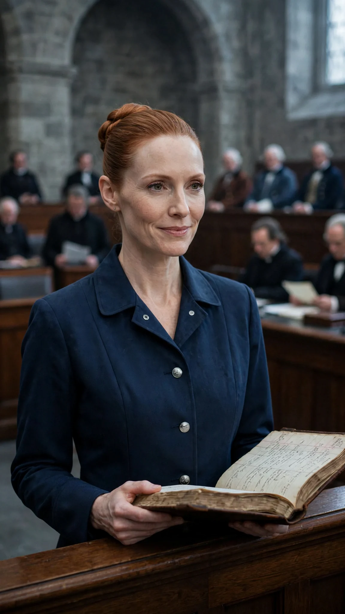A tall pale woman in a dark blue coat reads from a ledger in a stone court hall while a crowd watches.