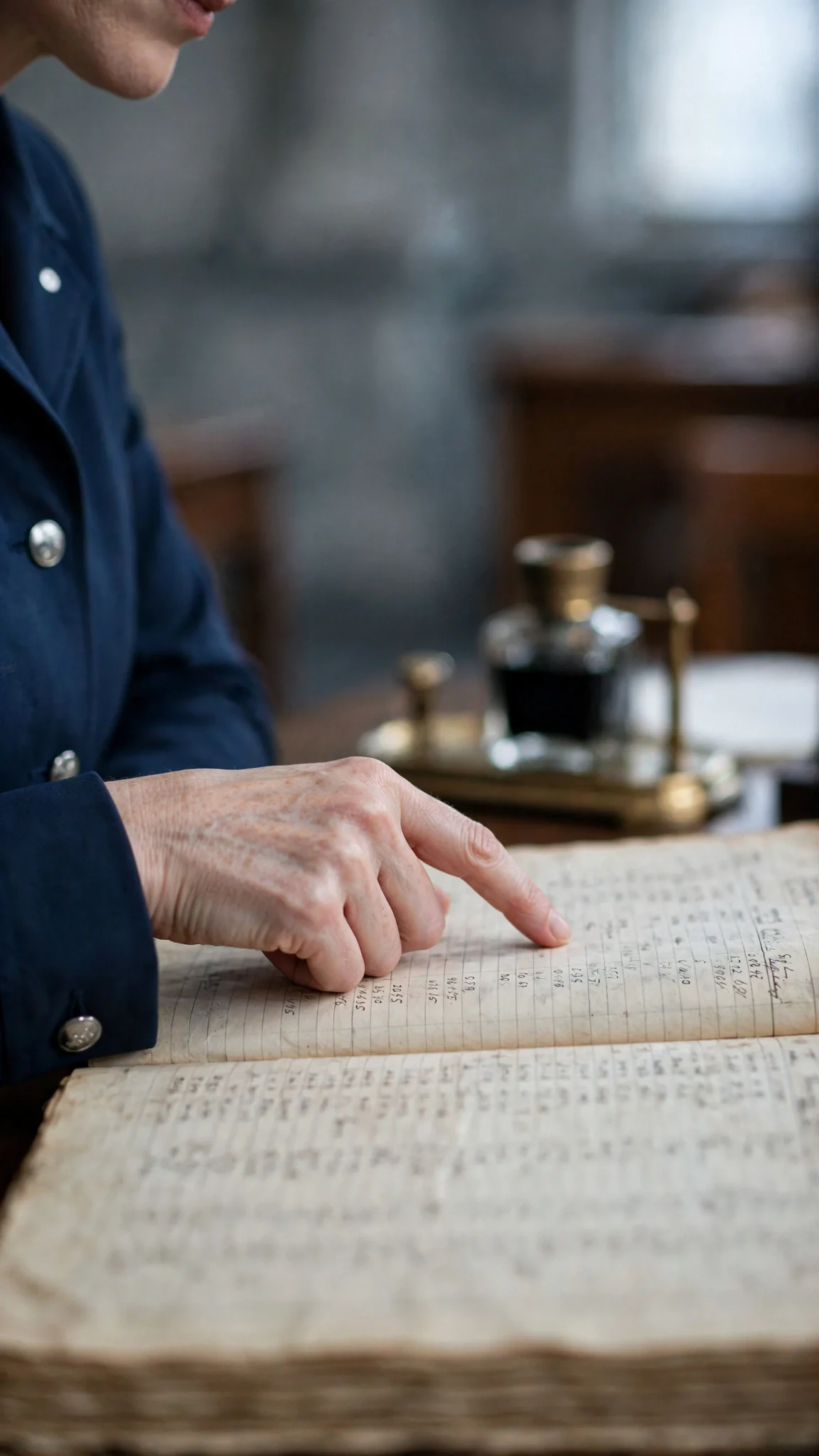 Close view of a ledger page and a woman's pale finger tracing a column of numbers.