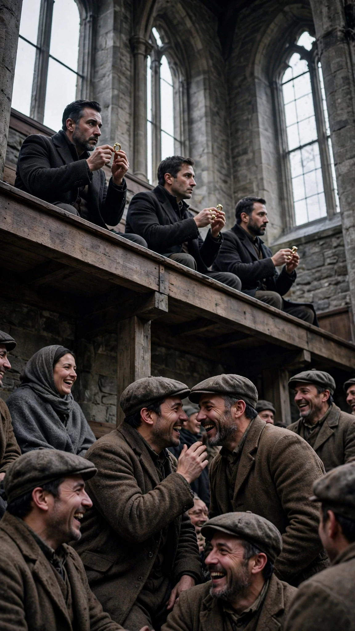 Wealthy men on high benches look away while a shabby crowd laughs below.