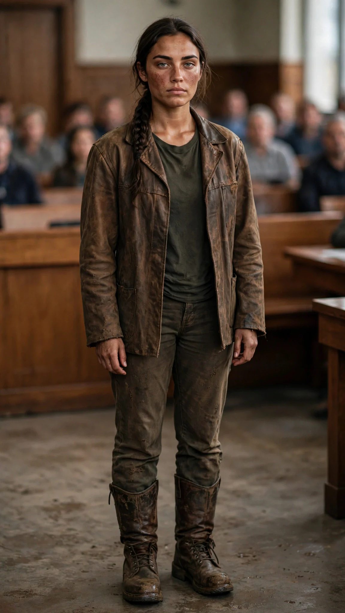 A sun-browned young woman in a worn leather work coat stands alone in the aisle of the court.