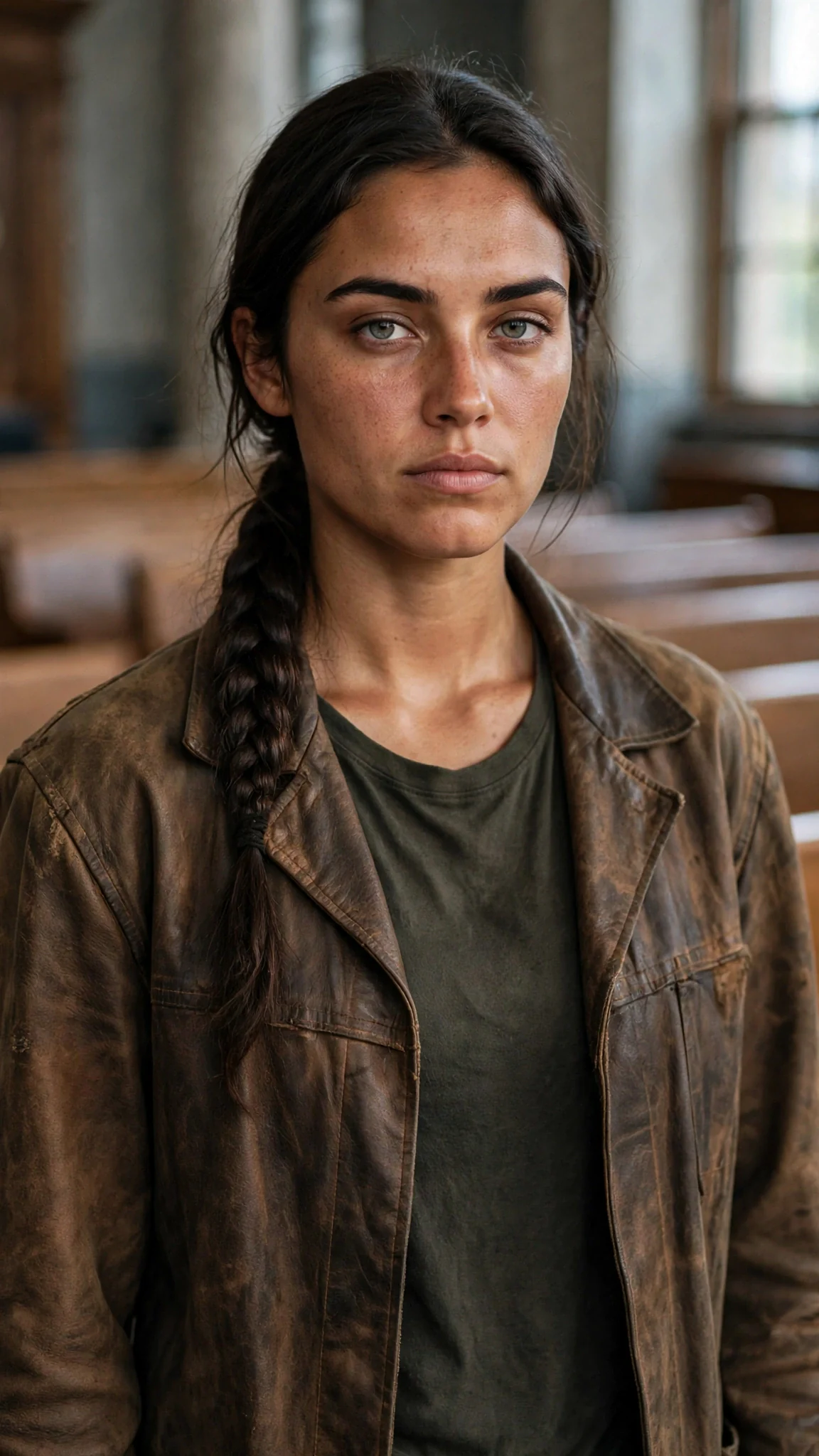 Close on a young woman's steady gray eyes and set jaw in a crowded hall.