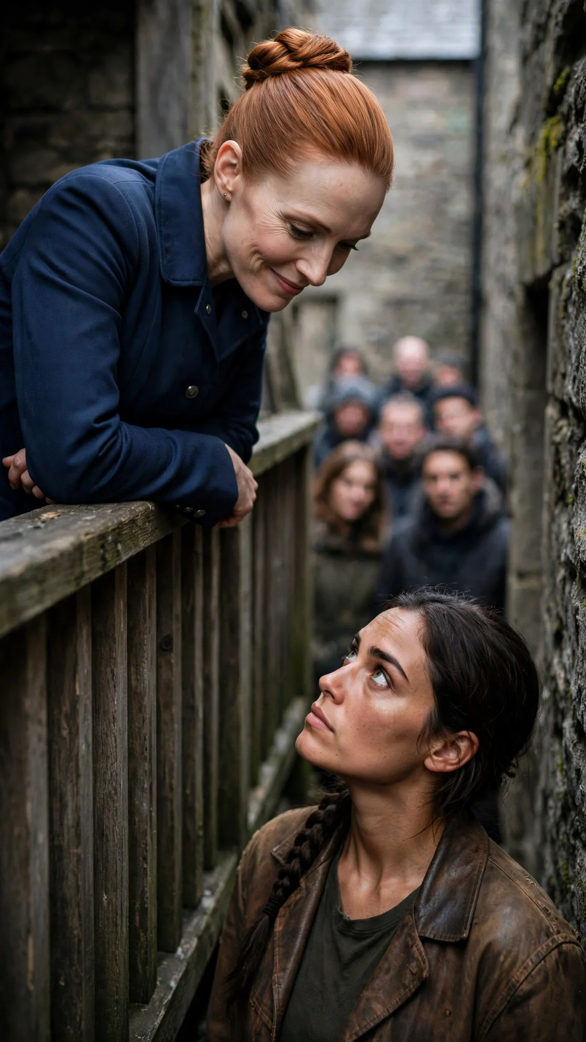Two women face each other across a courtroom rail, one in blue, one in worn leather.