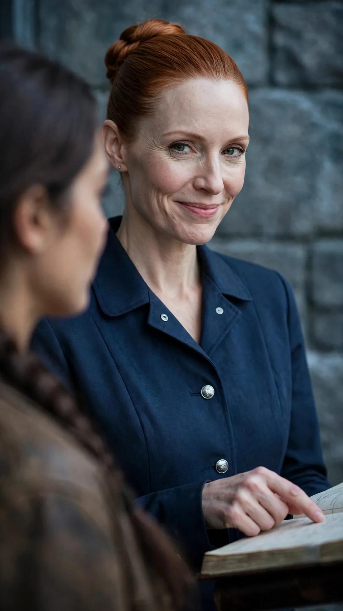 A copper-haired clerk smiles thinly down at a young woman, one finger on the ledger.