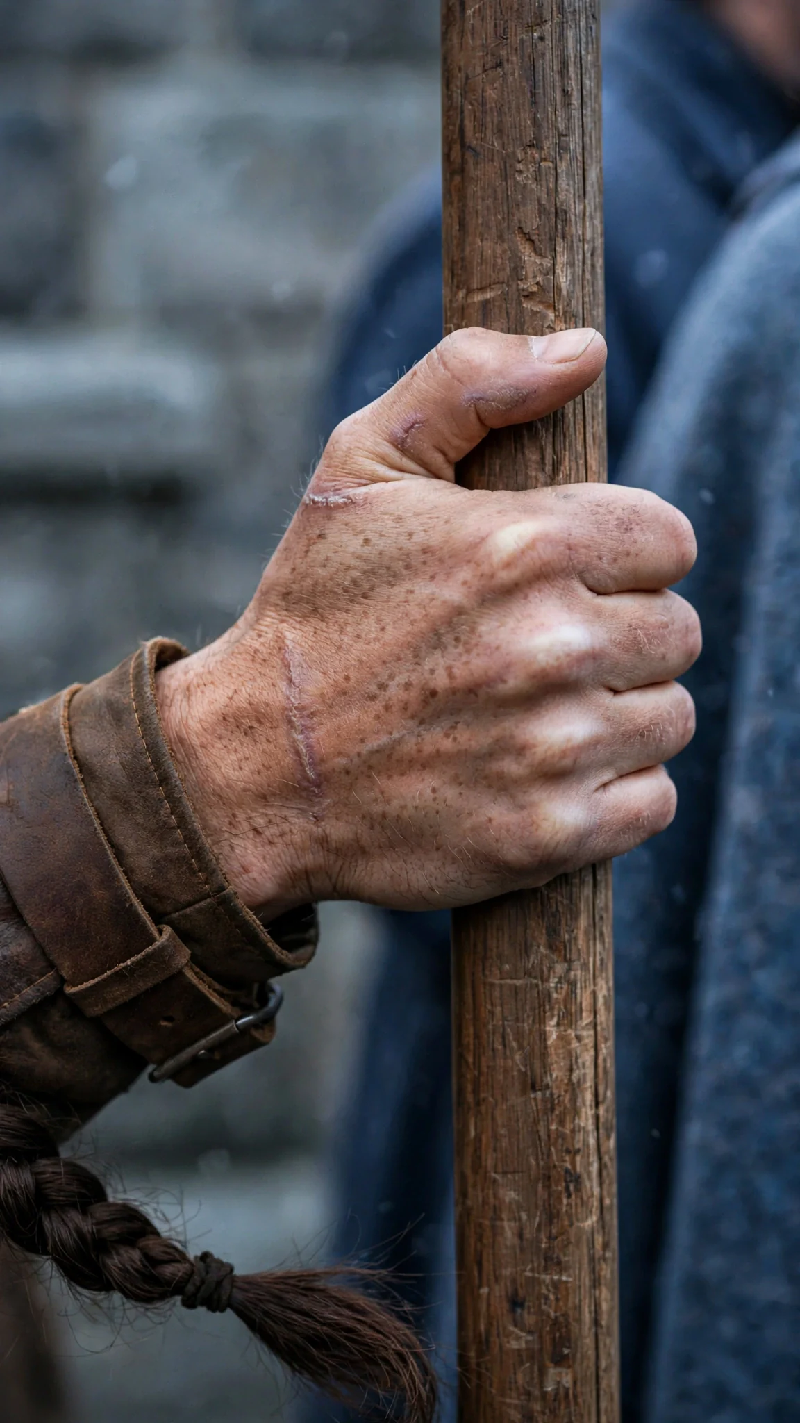 A young woman's hand grips a wooden rail hard, knuckles pale.