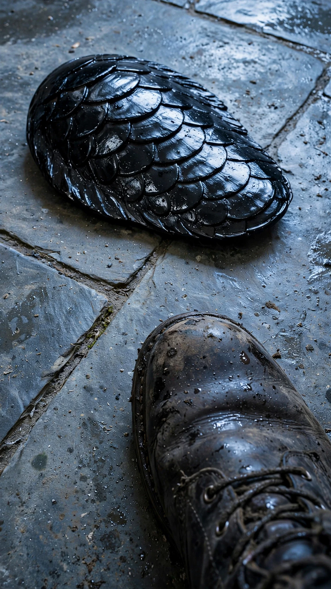 A small black scale lies on a stone floor beside a worn boot.