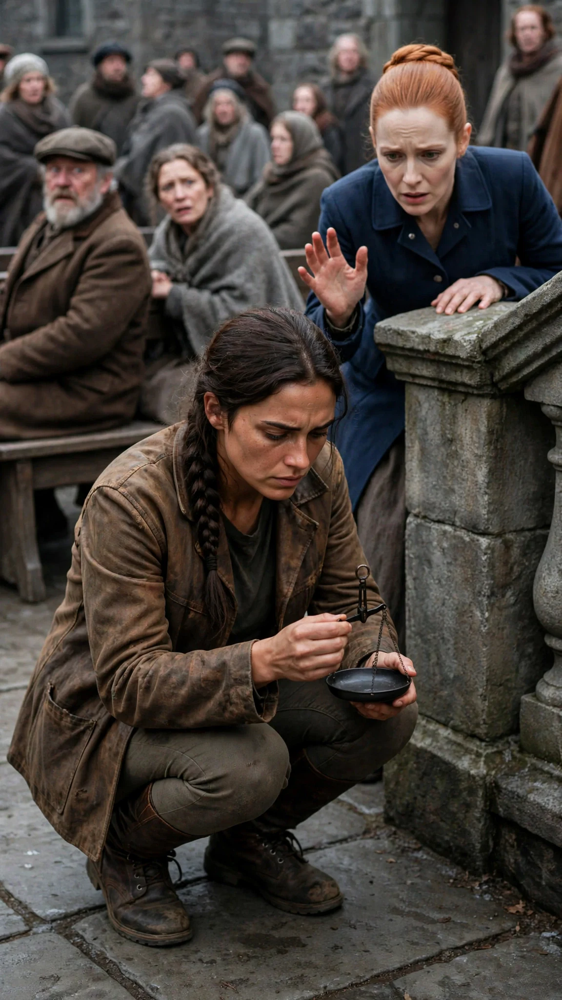 Court onlookers shrink back as a young woman bends to pick up a black scale.