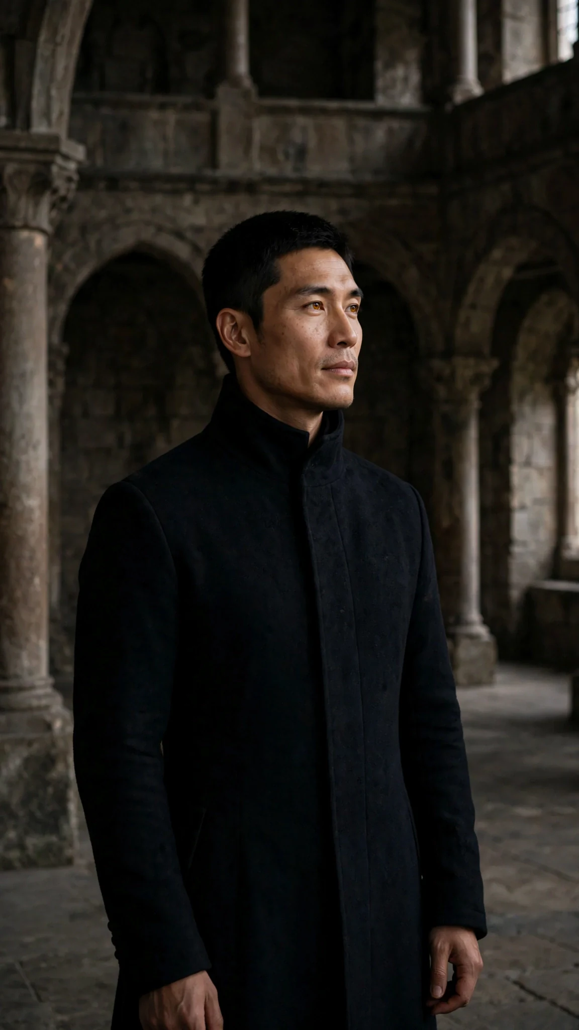A tall dark-coated man with amber eyes stands at the back of the hall, watching.