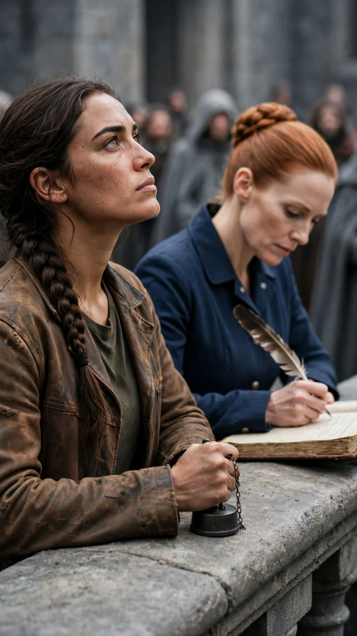 A clerk writes in a ledger while a young woman watches, chin raised.