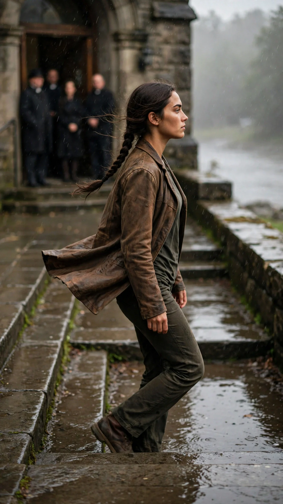 A young woman walks away down wet court steps, chin high, fist shut.