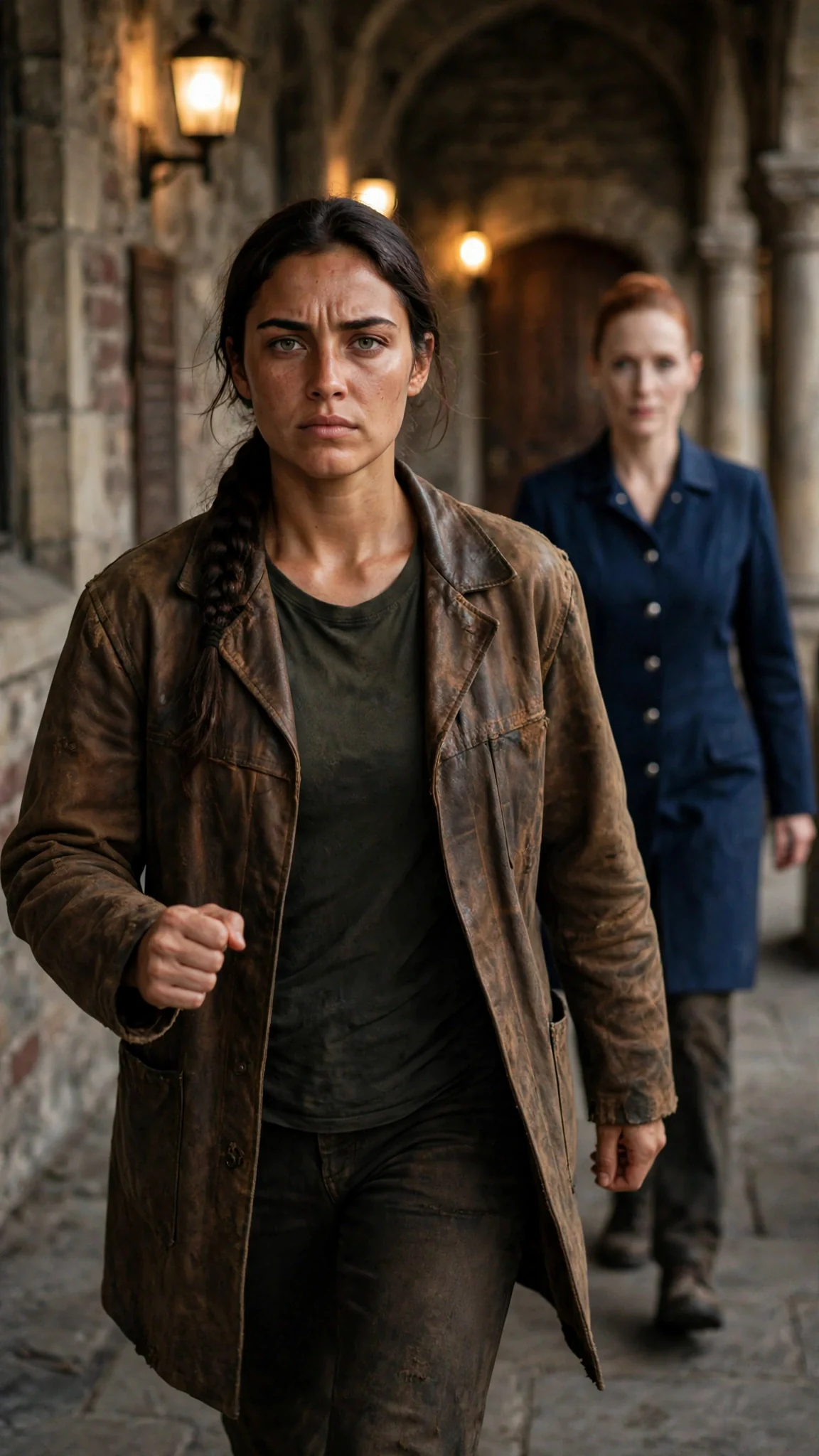 Sorrel walks fast down a stone court corridor with her fist closed, a copper-haired clerk following behind her.