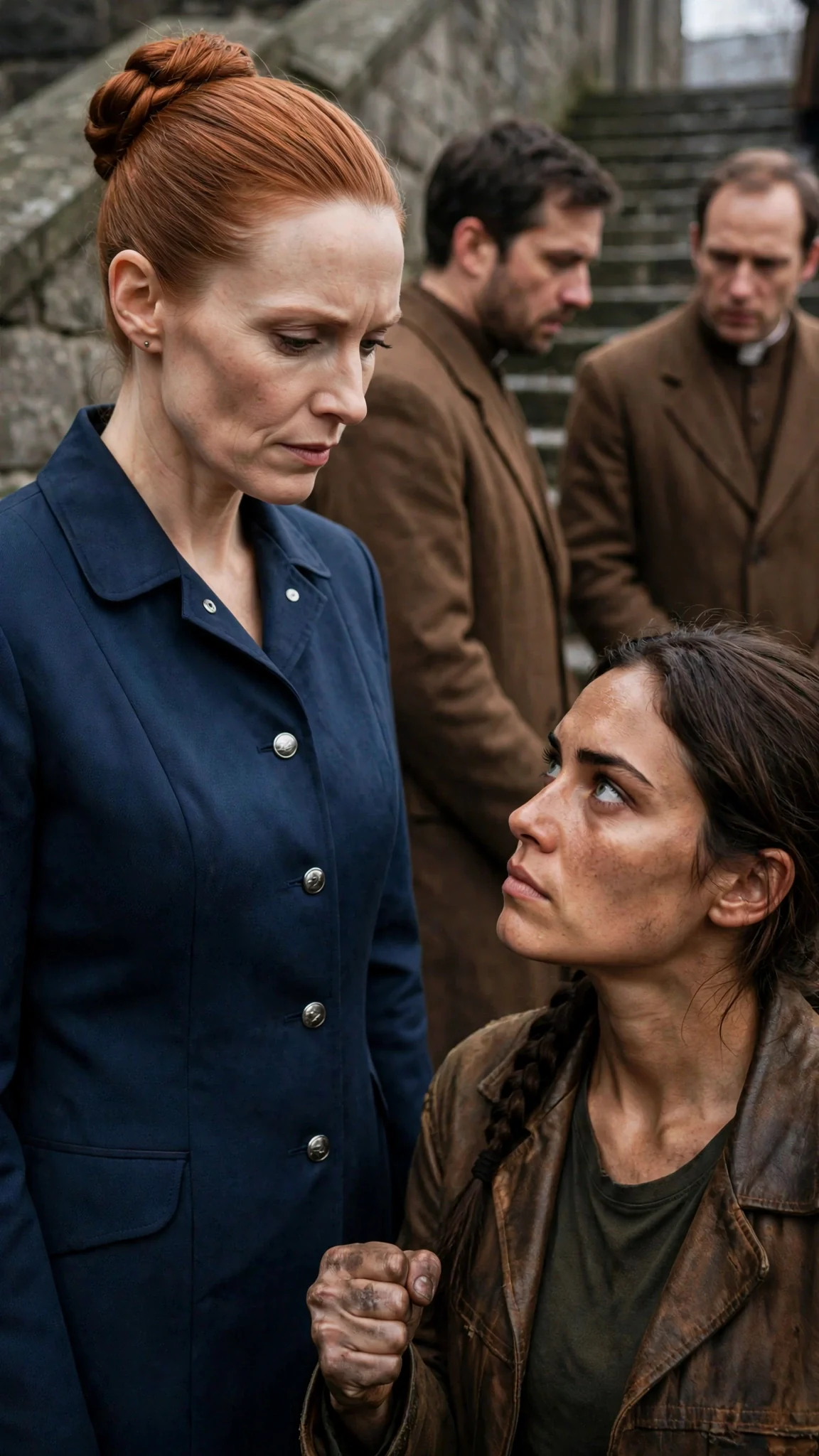 Lysa's eyes drop to Sorrel's closed fist while clerks watch from the stairs.