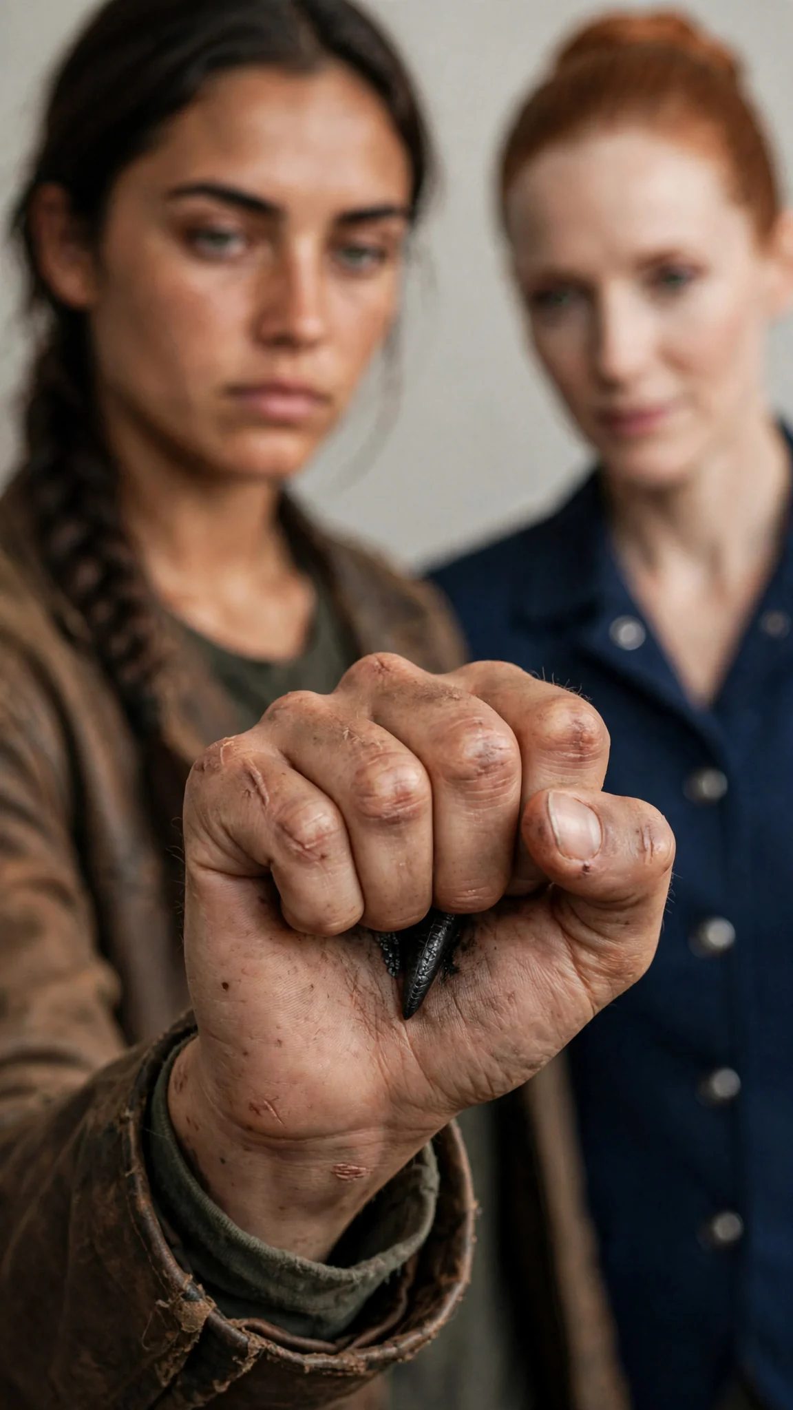 Close on Sorrel's fist gripping a black scale, the edge biting her palm.