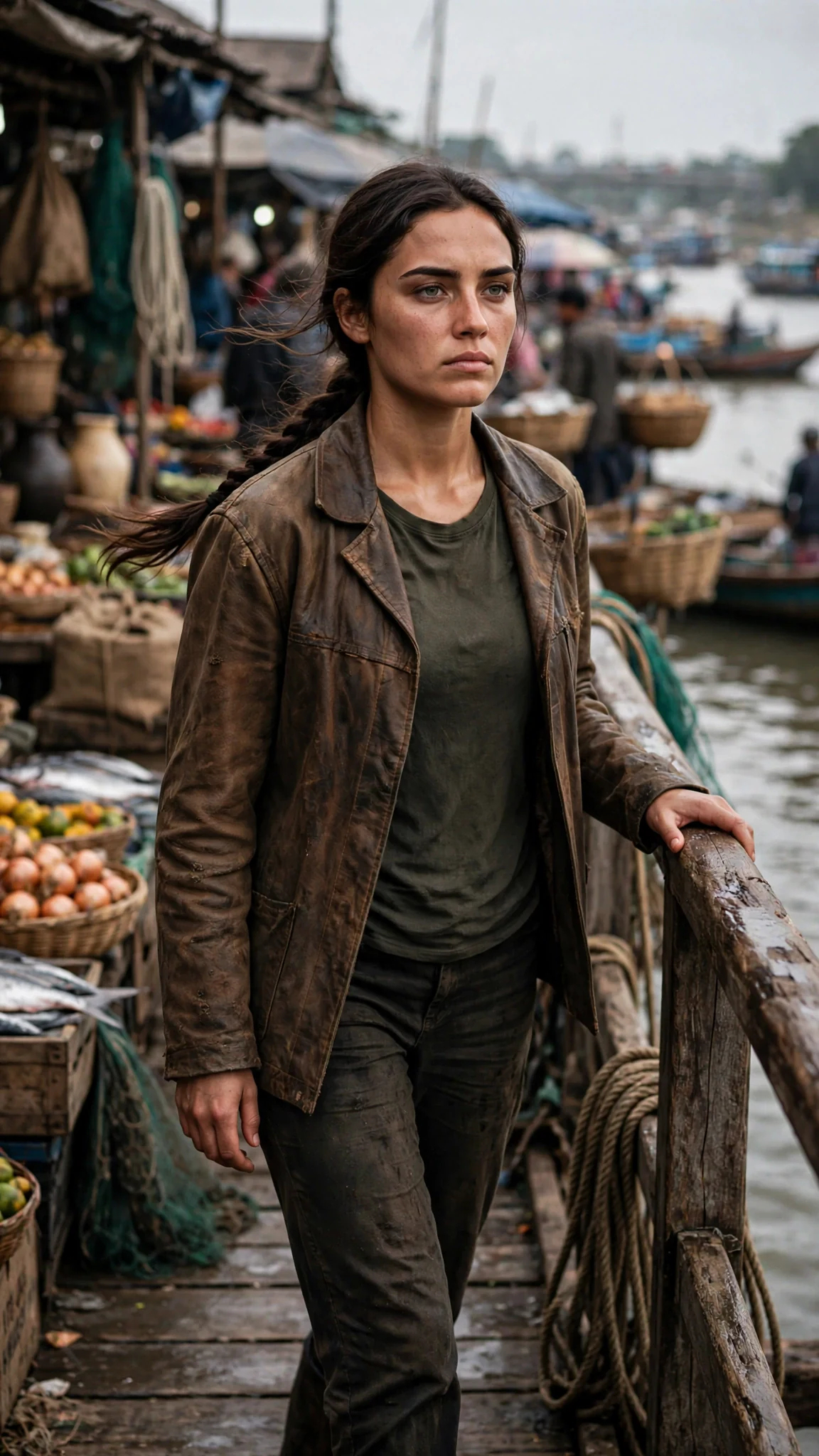 Sorrel walks out into the bridge market with her chin up, hand on a rail.