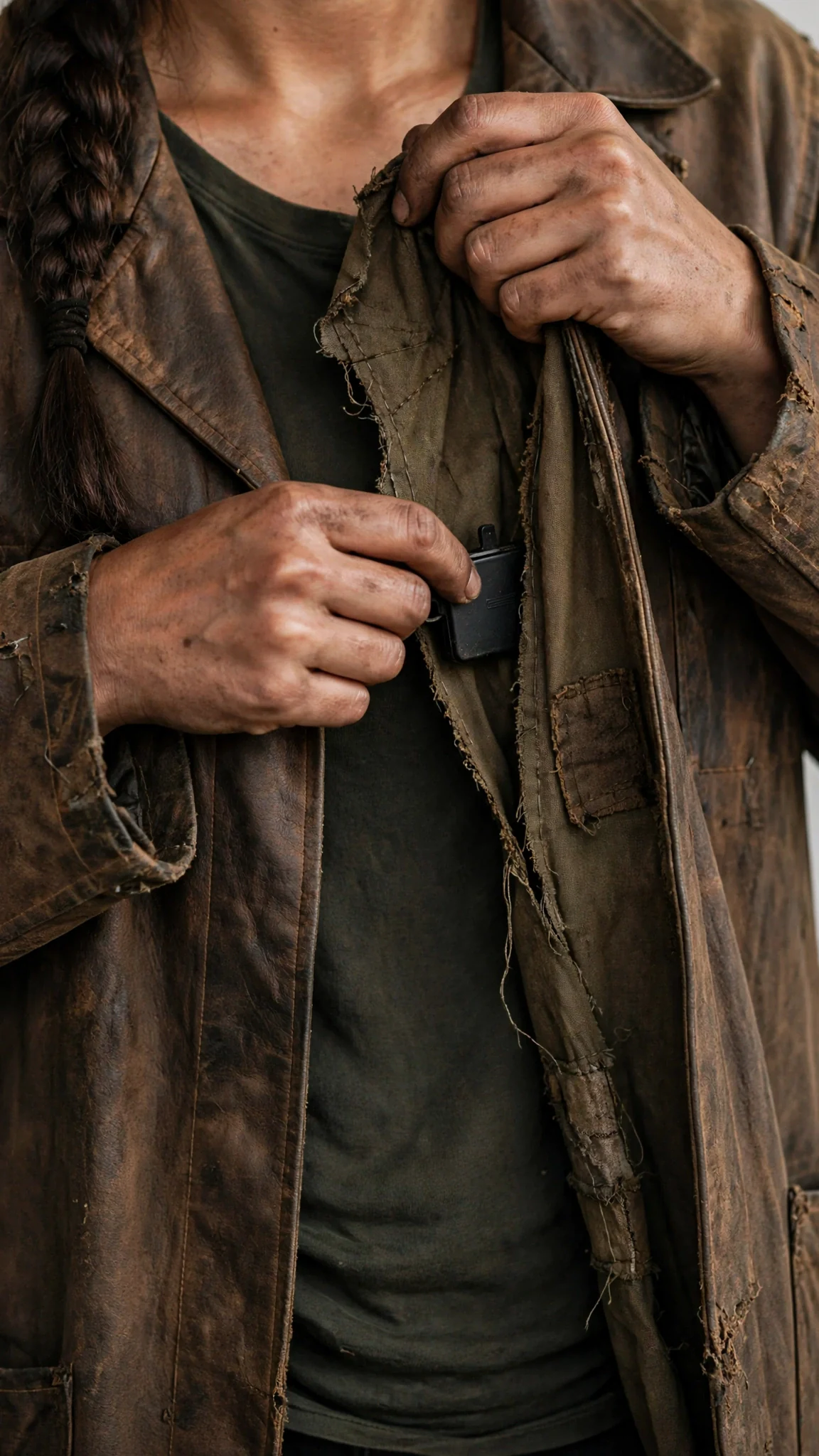 Sorrel's fingers push the black scale into a loose coat seam.