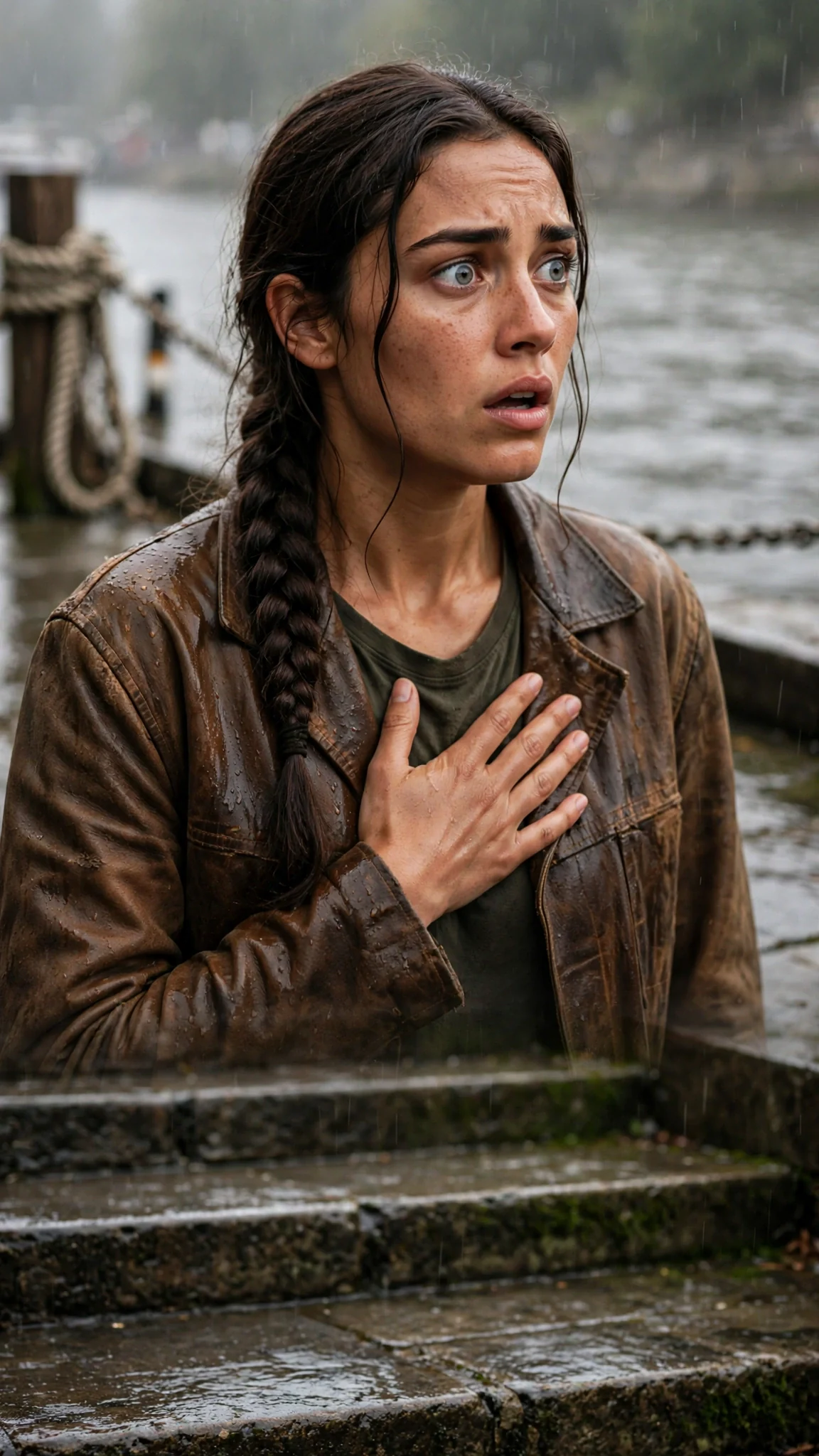 Sorrel stops on the ferry steps with her hand pressed to her chest, uneasy.