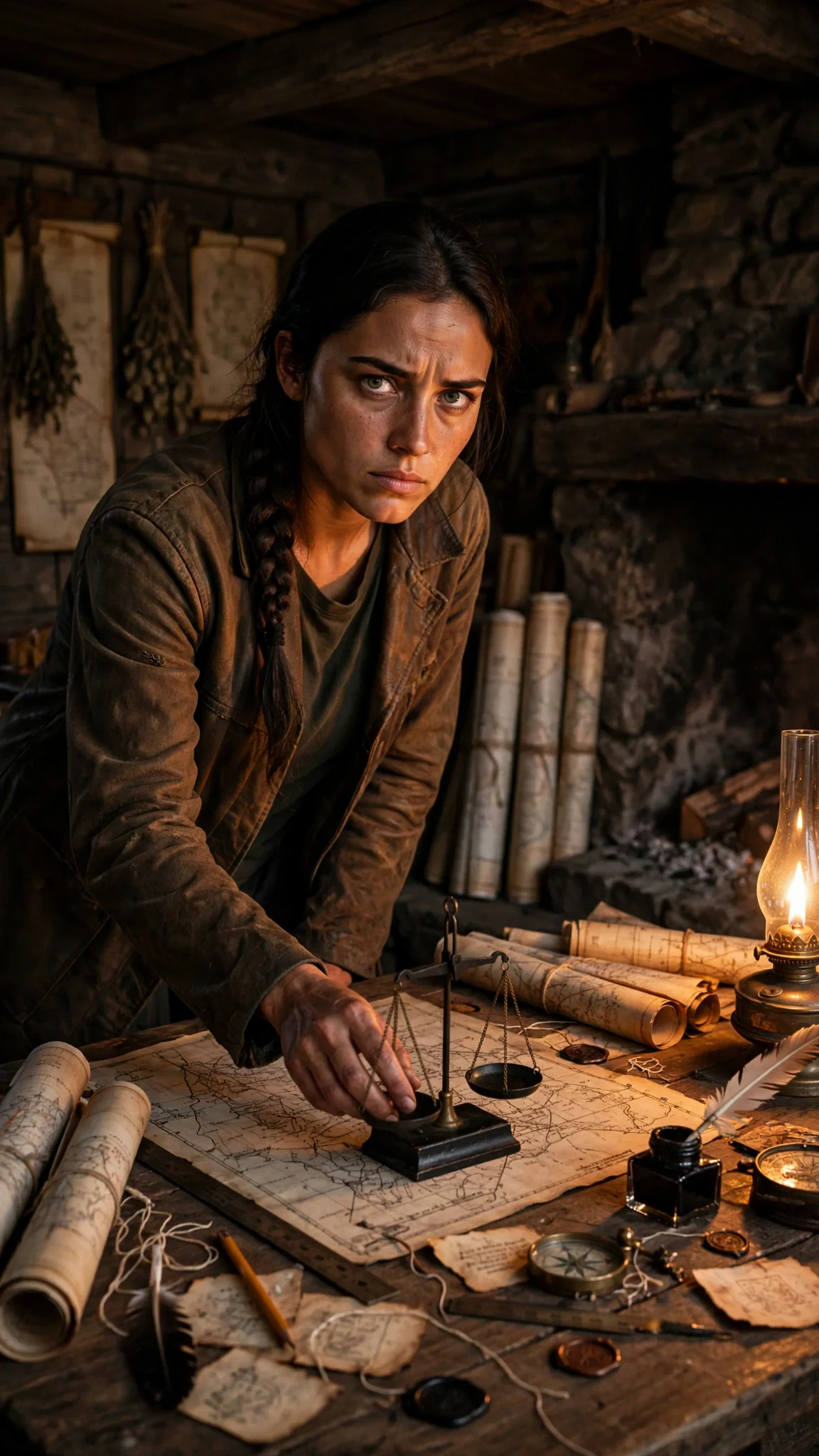 Sorrel sets the black scale on a small table in a low-ceilinged mapmaker's house.