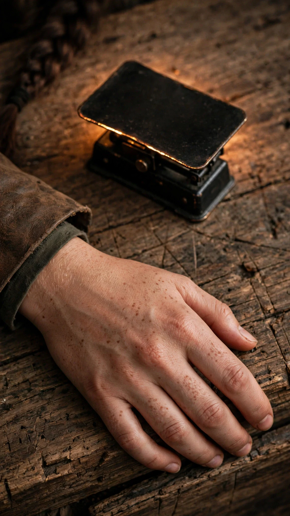 Close on the black scale glowing faintly on the table beside Sorrel's hand.