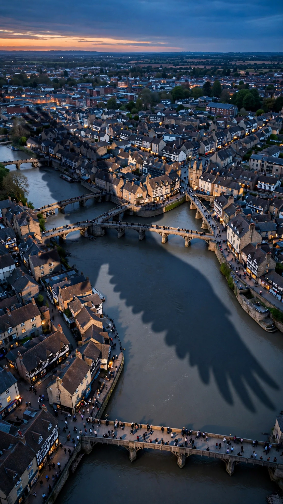 A vast winged shadow sweeps over the bridge houses and the river at dusk.