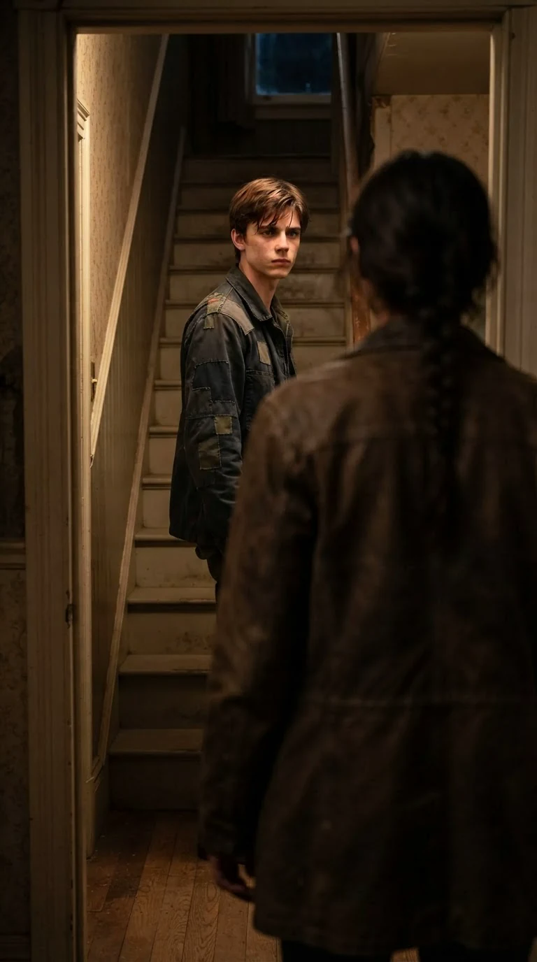 Fenn pauses on the stairs while Sorrel blocks the doorway.