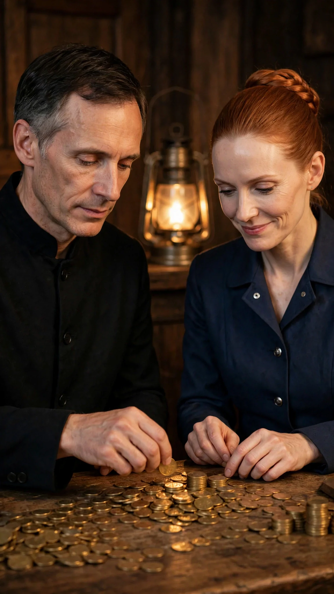 Cedric counts gold onto the desk while Lysa watches.
