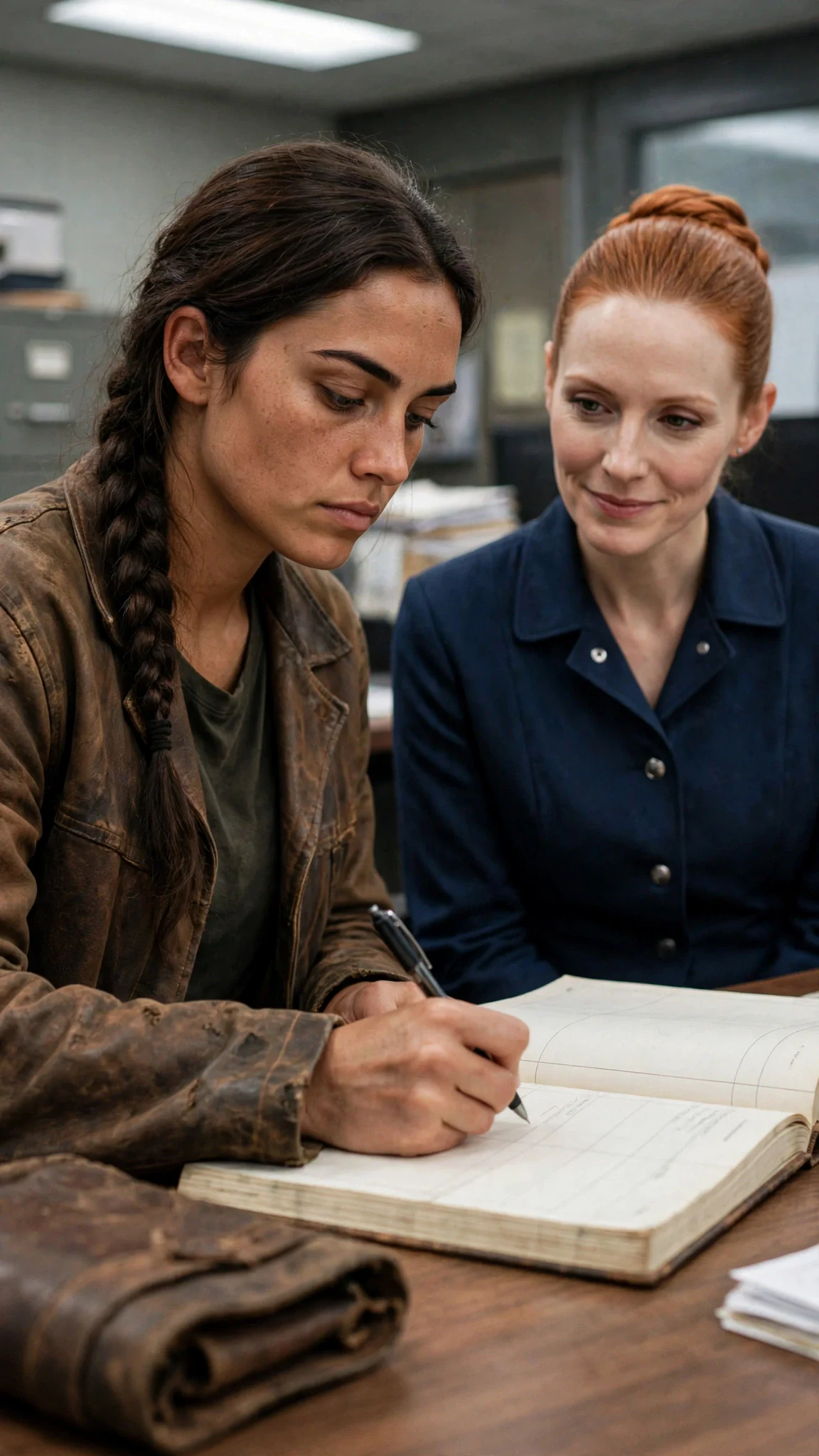 Sorrel signs the ledger with a steady hand while Lysa smiles.
