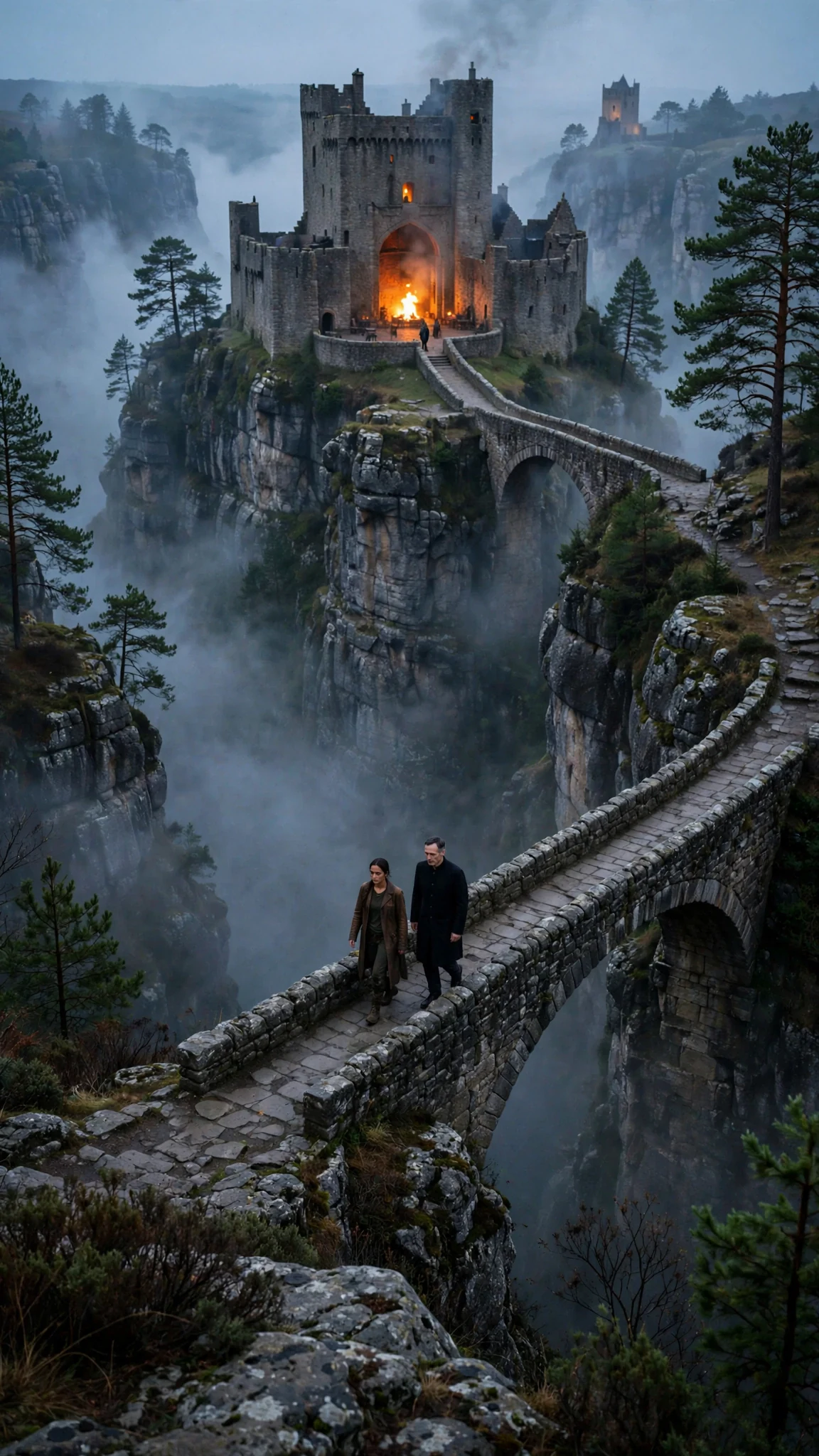 Sorrel and Cedric cross a narrow bridge toward Glasshold.