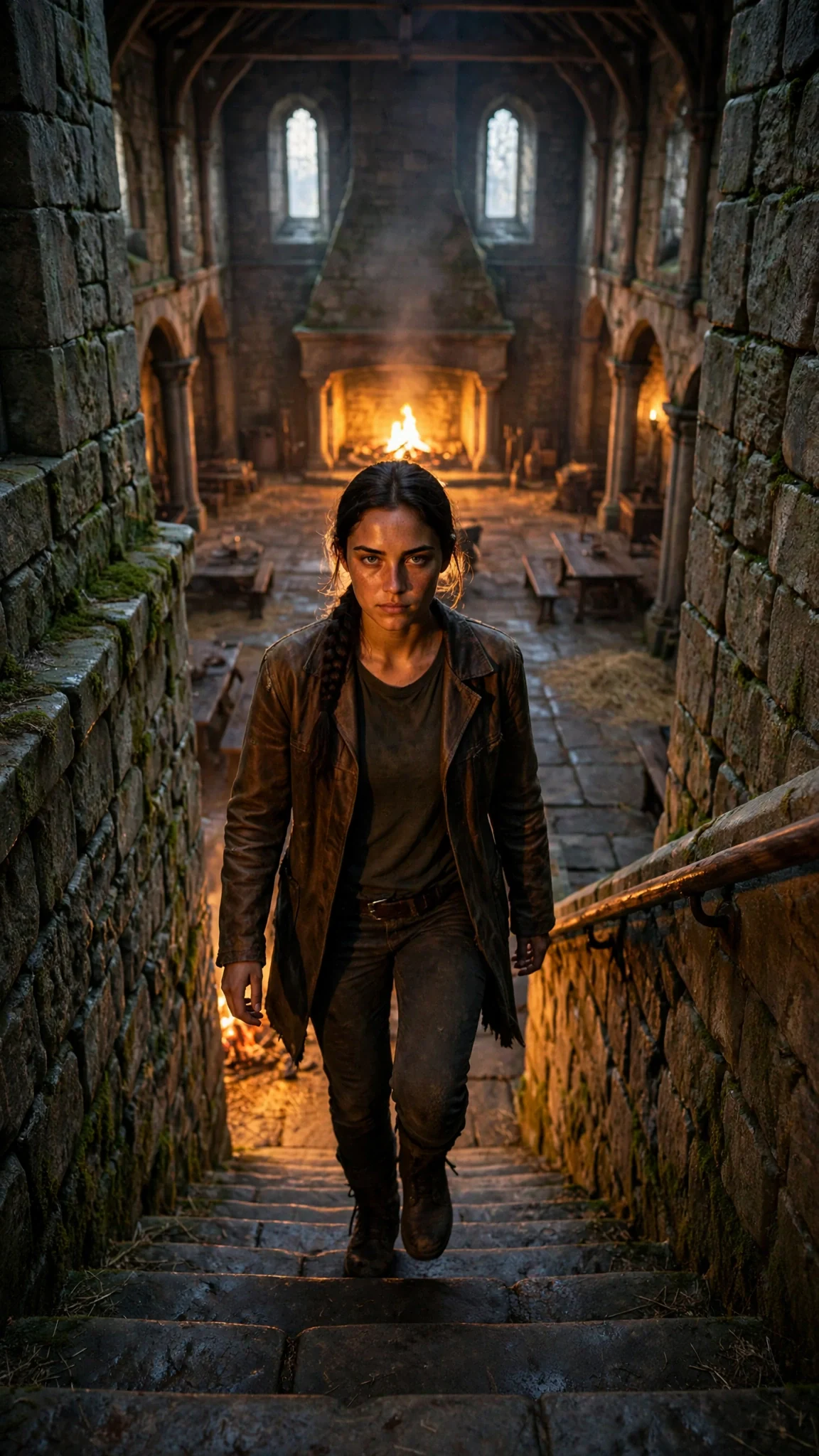 Sorrel comes down a stone stair at dawn, boots laced, jaw set, firelight rising to meet her.