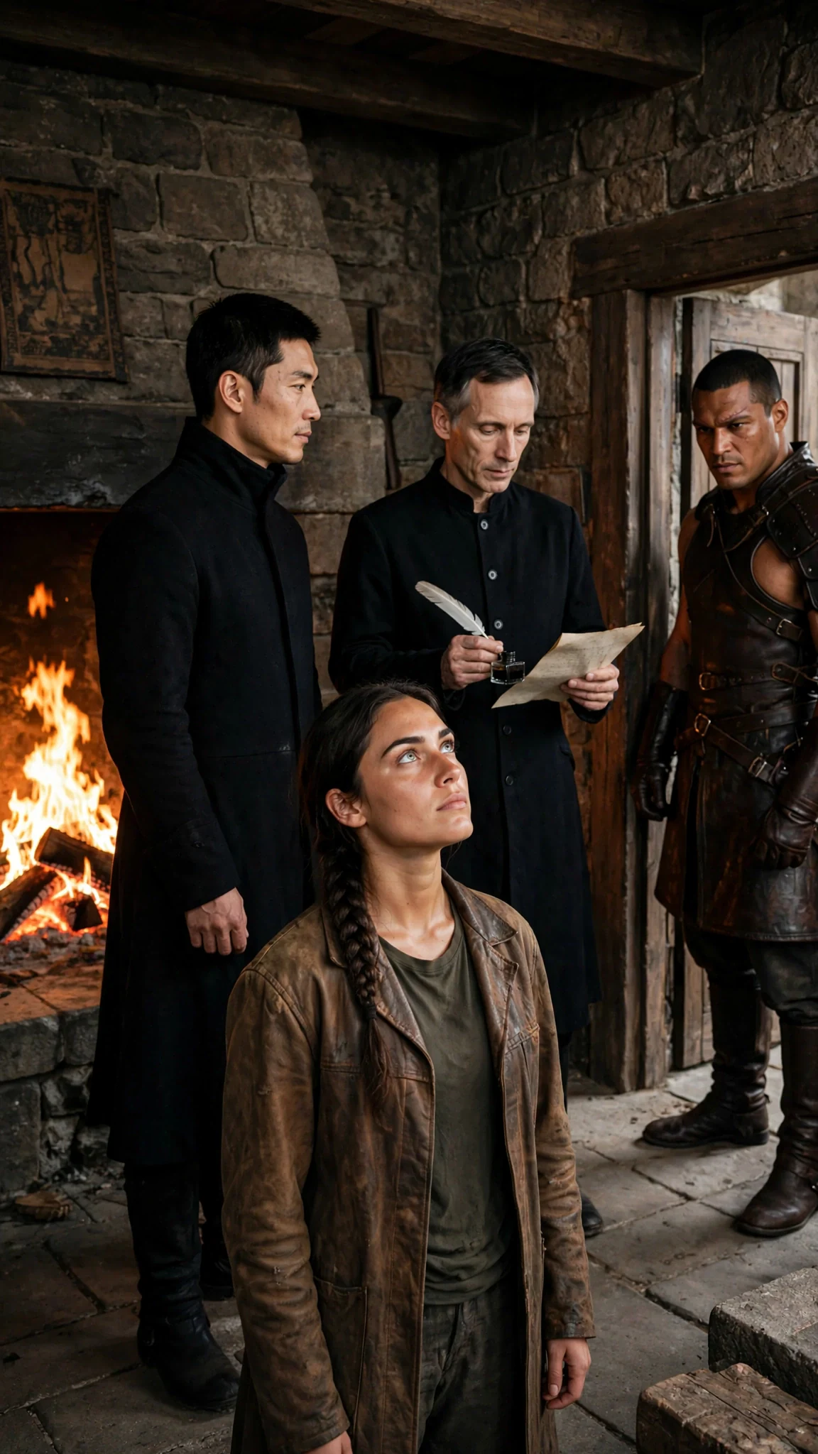 Vareth stands before the hearth with Cedric and Calder behind him while Sorrel halts in the middle of the hall.
