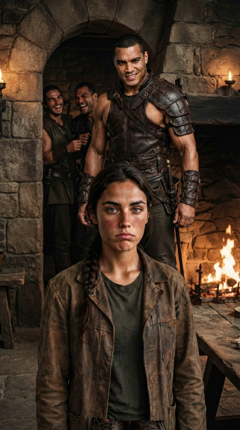 Calder smirks at the doorway while two guards laugh behind him and Sorrel stands rigid, cheeks flushed.