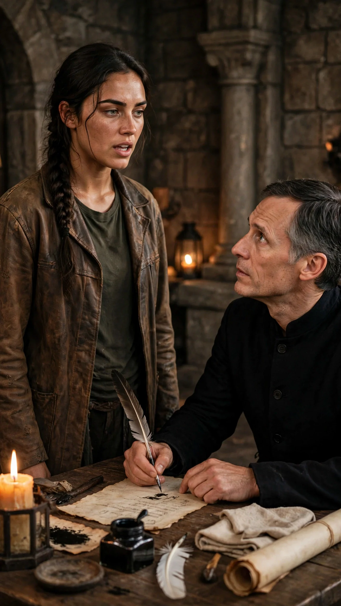 Sorrel speaks her terms with her hands loose at her sides while Cedric writes at a small table.