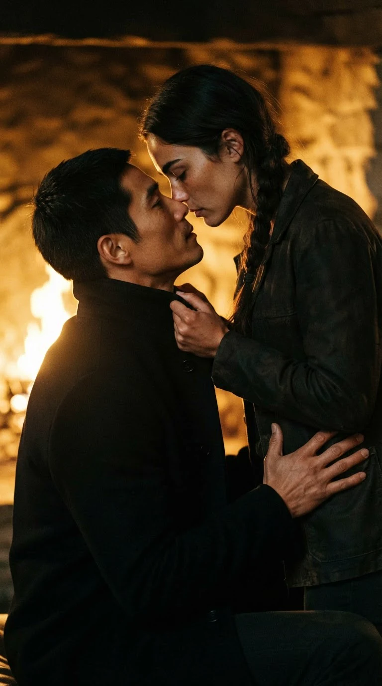 Their first kiss, her hand closing on his collar.