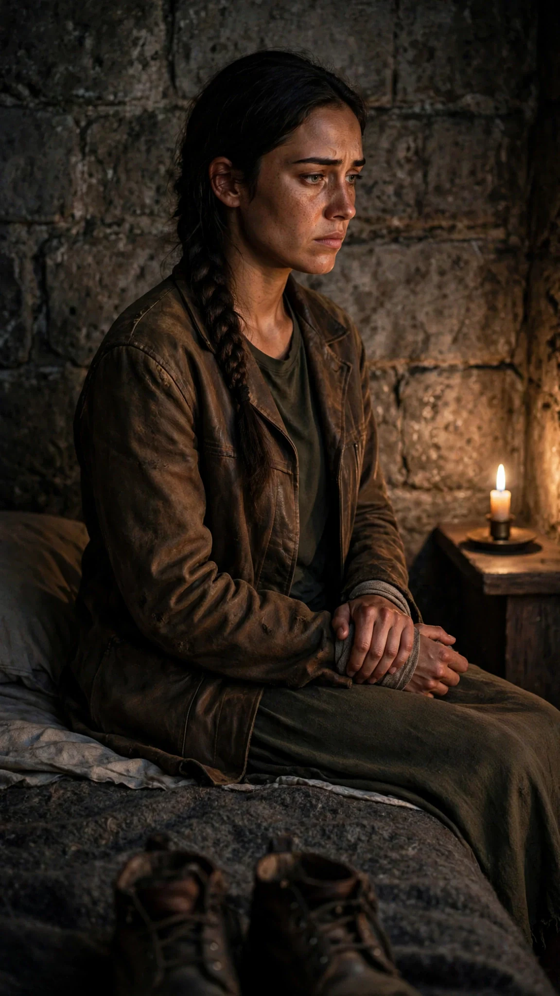 Sorrel sits alone on a narrow bed in a stone room, frowning at her wrist.