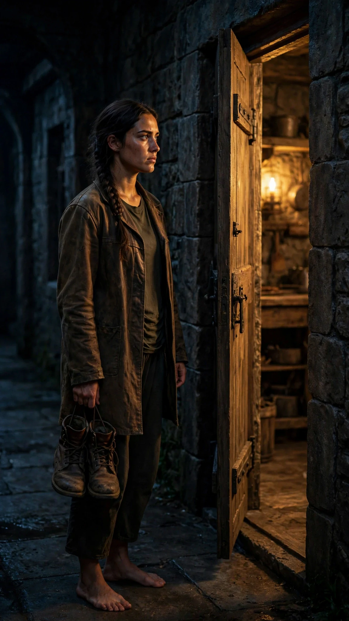 Sorrel stands barefoot in a dark corridor, boots in one hand, near a kitchen door with warm light spilling out.