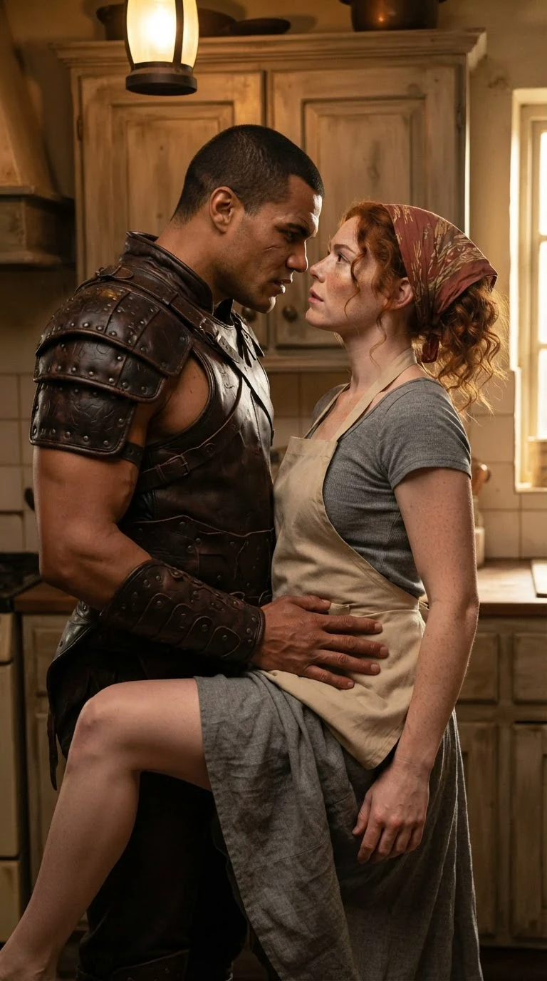 Calder's hand slides under Zelka's apron as her leg hooks around his hip, both still clothed.