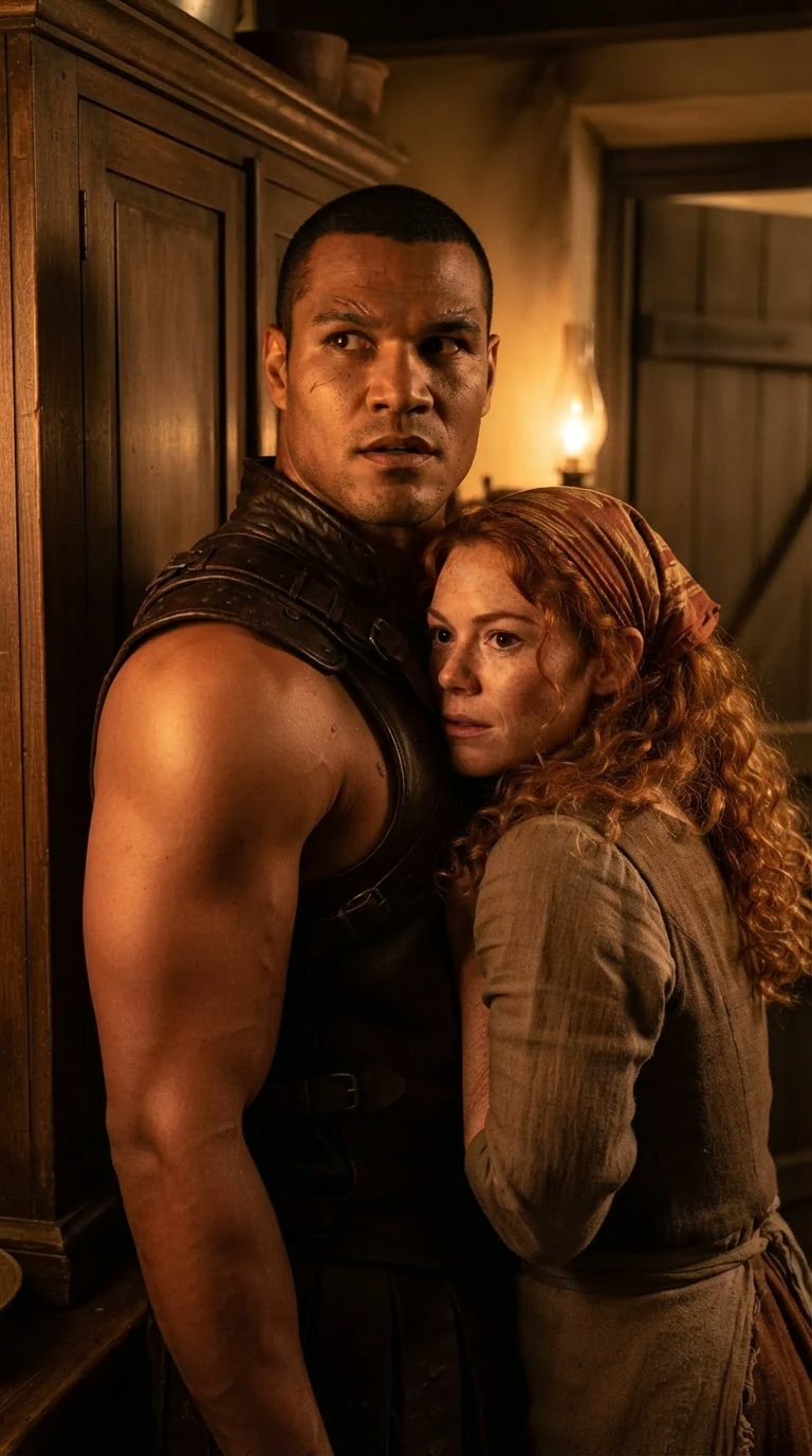 Calder looks toward the kitchen door over Zelka's shoulder, both clothed and close.