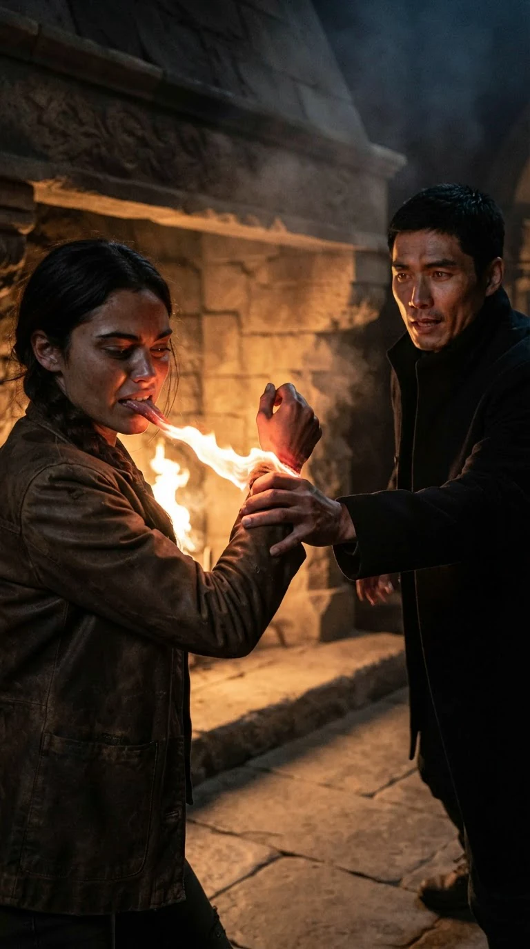 A whip of flame from the hearth catches Sorrel's wrist as Vareth reaches for her.