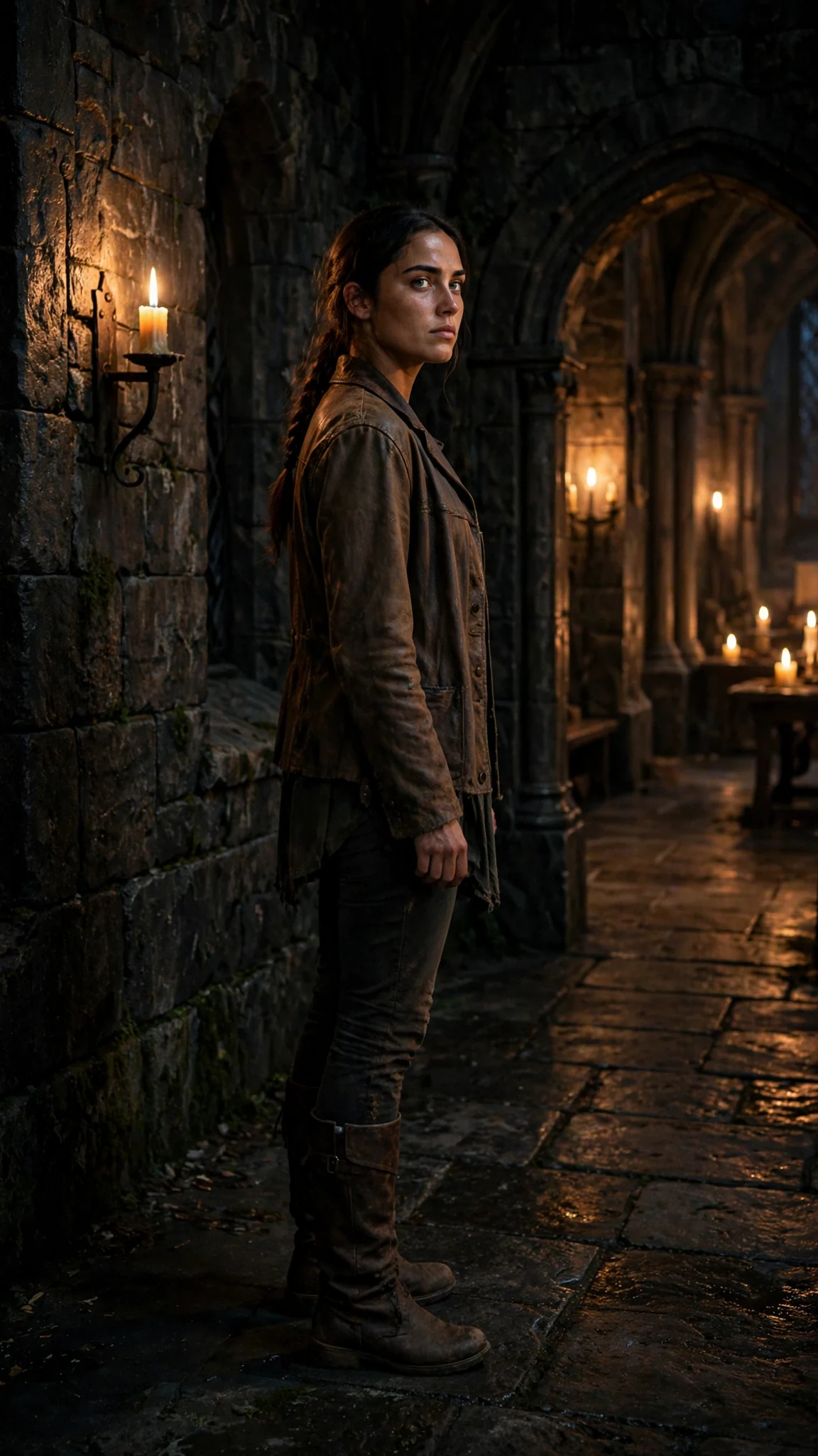 Sorrel stands in the corridor outside the great hall, looking back over her shoulder.