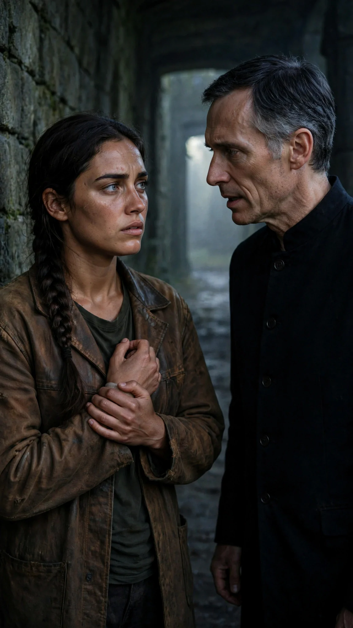 A young woman in a worn leather coat stands in a stone corridor while a lean gray-templed steward speaks.