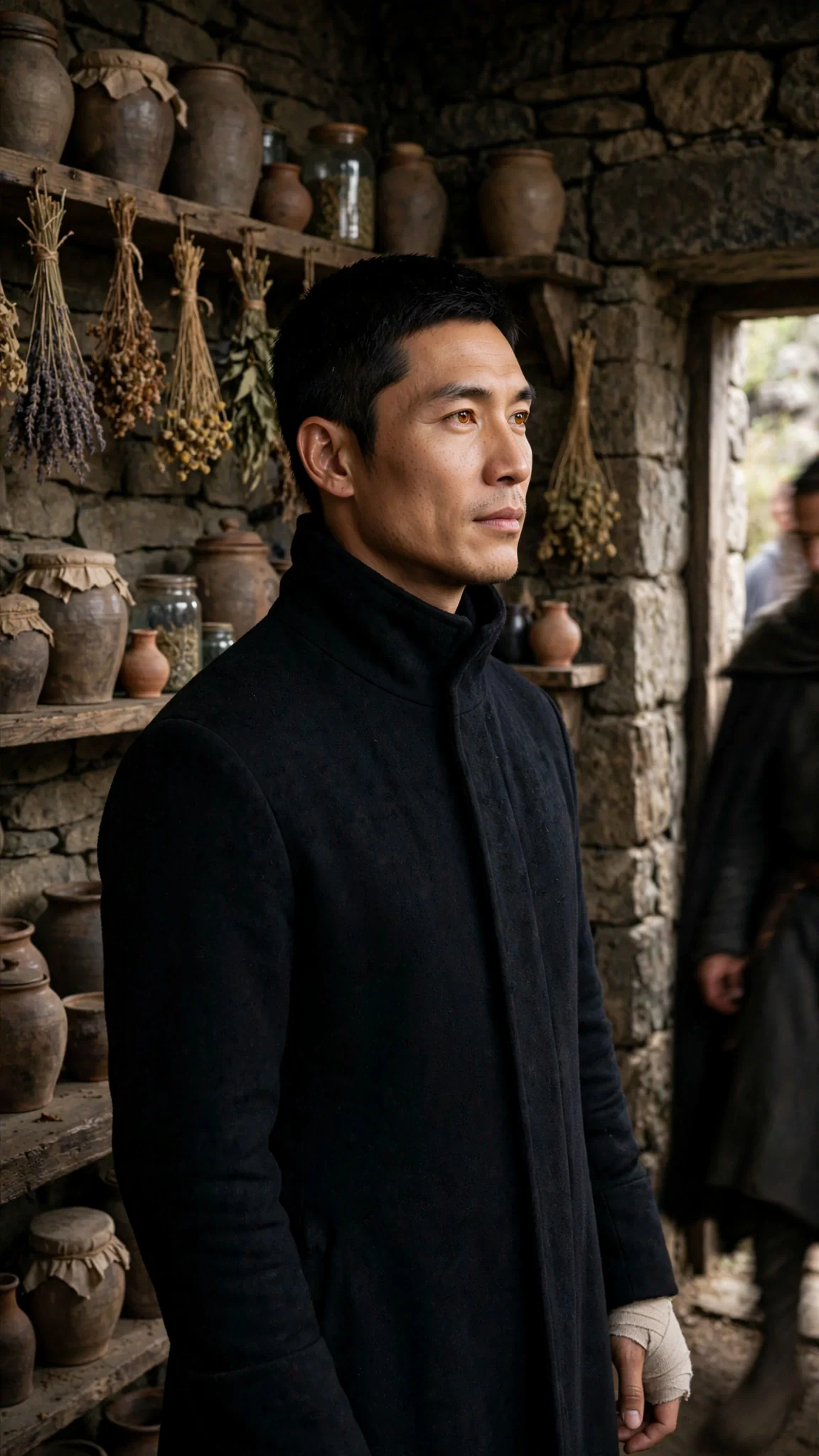 A tall dark-coated man waits inside a narrow stillroom lined with jars, his right hand bandaged.
