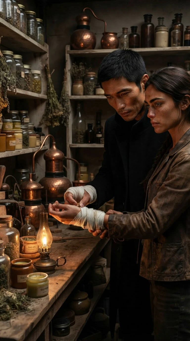 The dark-coated man gently turns the woman’s wrist toward a lamp, his bandaged hand careful.