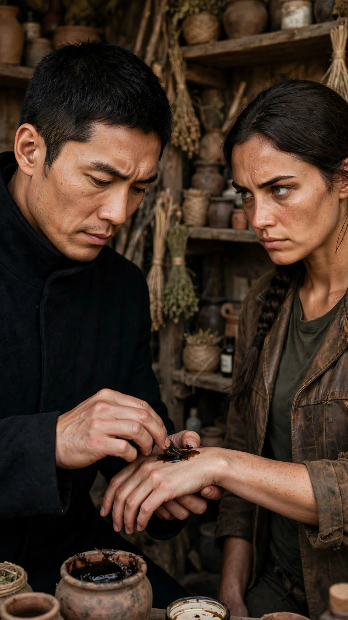 The man spreads pine-scented salve over the woman’s wrist in the crowded stillroom.
