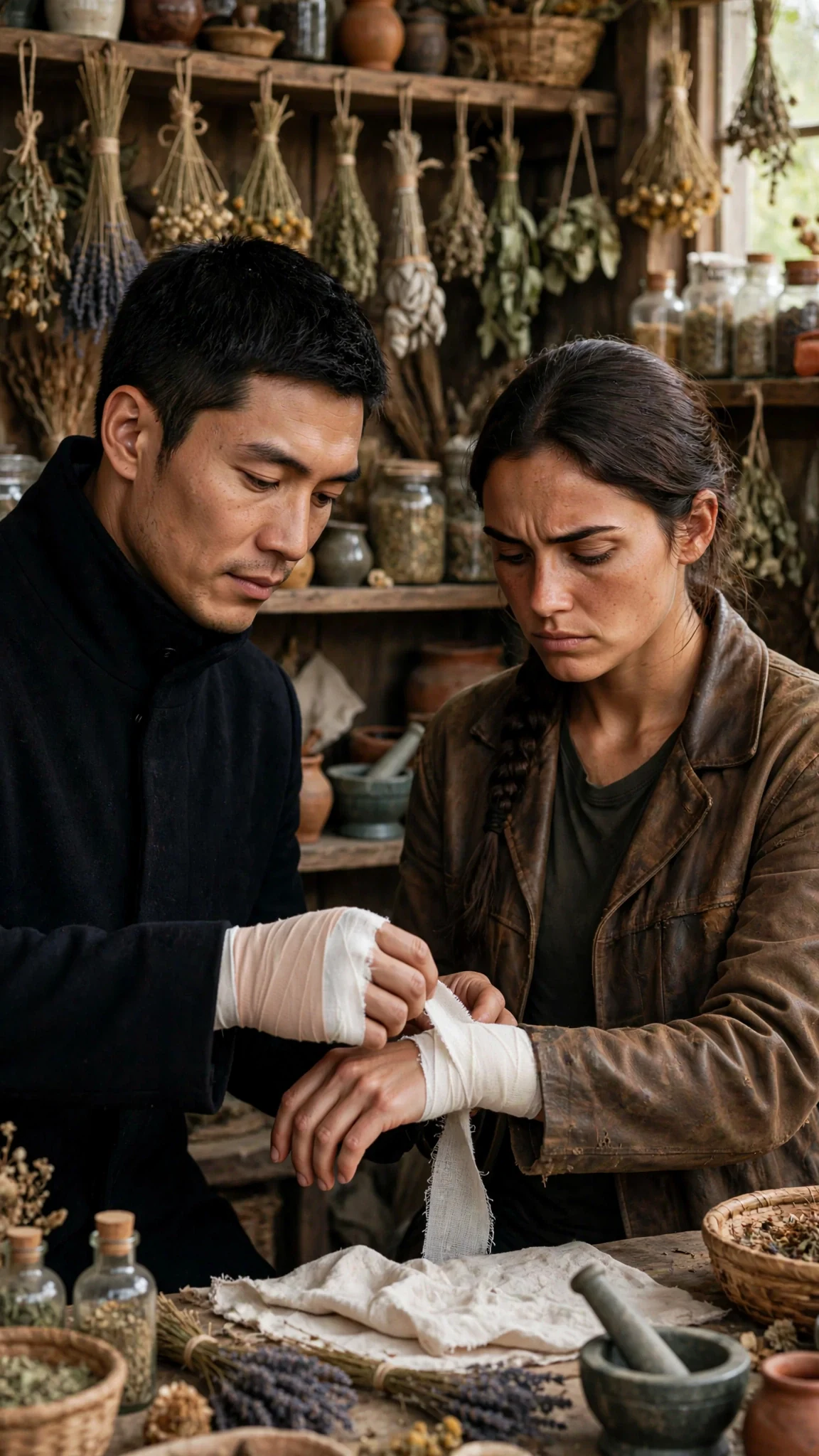 The man wraps clean linen around the woman’s wrist, his eyes fixed on her.