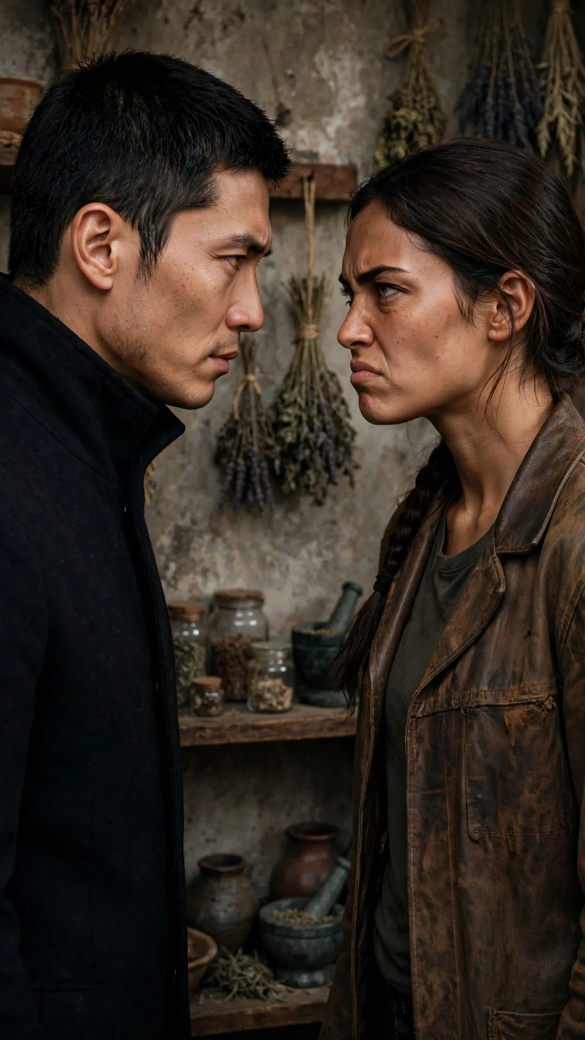 The tall man leans close with cold authority while the woman stares back, angry.